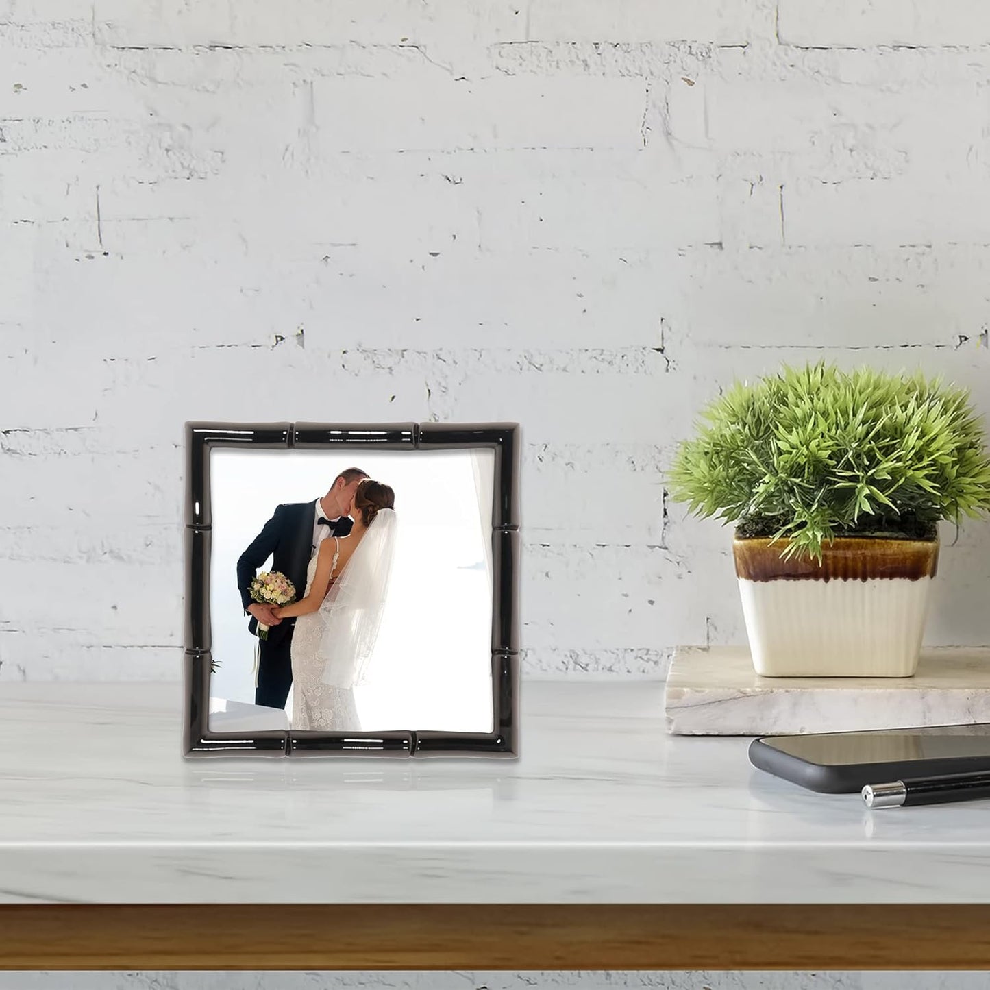 Lawrence Frames 4x4 Black Polished Metal Picture Frame with Bamboo Design