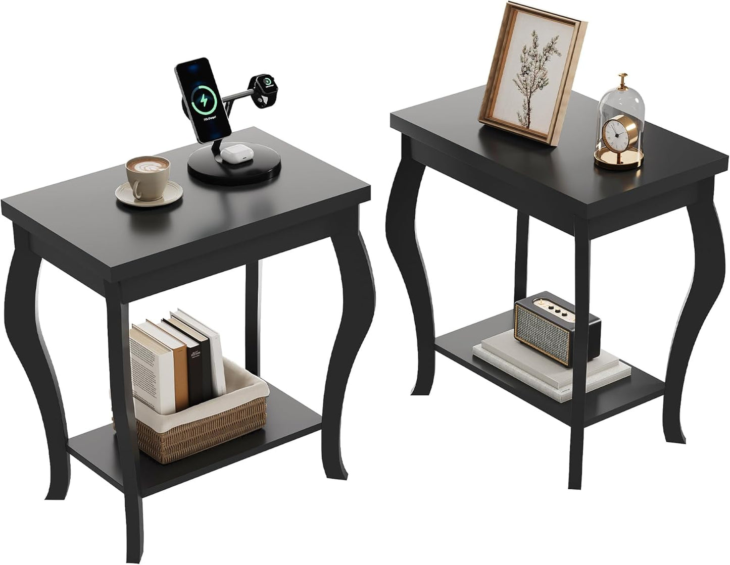 ChooChoo End Tables Living Room, Side Tables Living Room with Curved Legs and Storage Shelf, Small End Tables for Small Spaces, Black