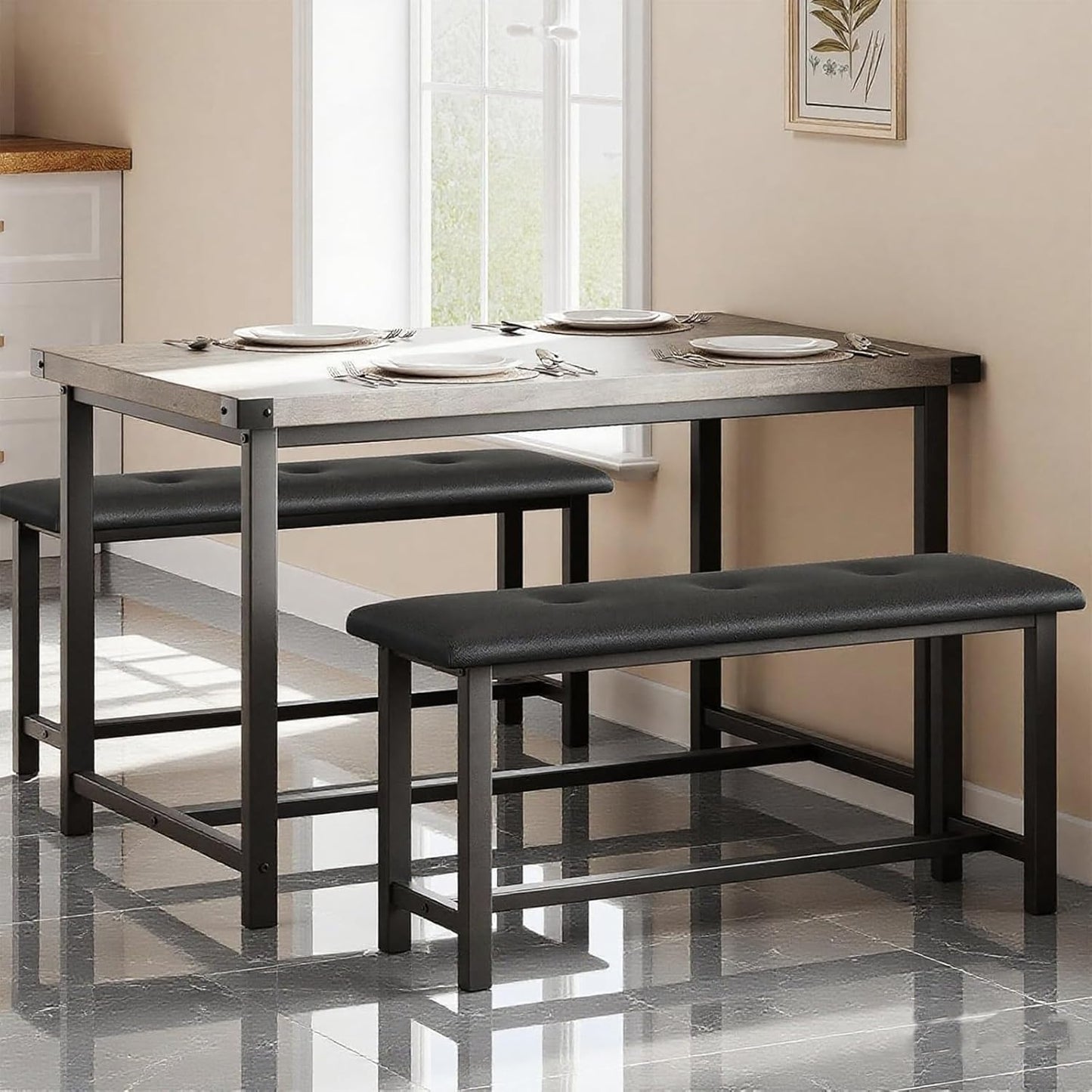 Garvee Dining Table with 2 Benches, Kitchen Table with 2 Upholstered Benches Rectangular Space Saving for Apartment, Dining Room, Kitchen, 44.5 Inches Large, Grey