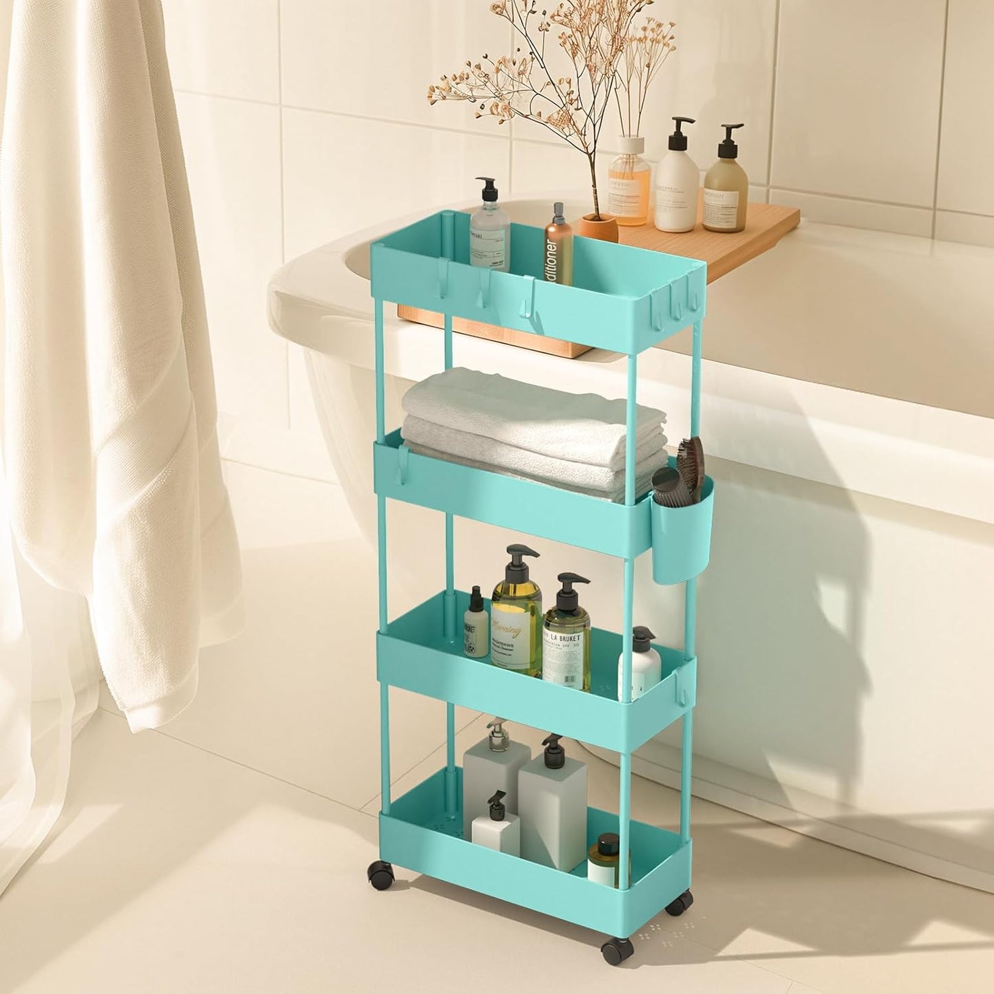 Pipishell Slim Storage Cart with Wheels, 4 Tier Bathroom Storage Organizer Rolling Utility Cart for Bathroom Kitchen Laundry Room Office Narrow Place (Turquoise)