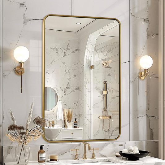 ANDY STAR 24x36 Rectangle Bathroom Mirror, Brushed Gold Stainless Steel Metal Frame Bathroom Mirror for Over Sink, Modern Rounded Corner Brass Vanity Wall Mirror, Hangs Horizontally or Vertically