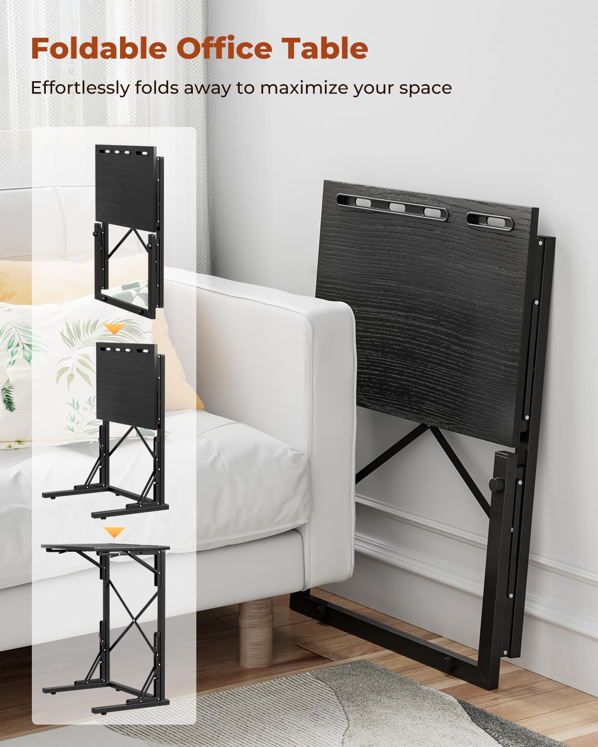 21''Wx28''H Folding TV Tray for Eating, Small Foldable C-Shaped Tray Table with Tablet and Phone Slots, Slide Under Couch Side Table for Recliner, Living Room, Bedroom, Black