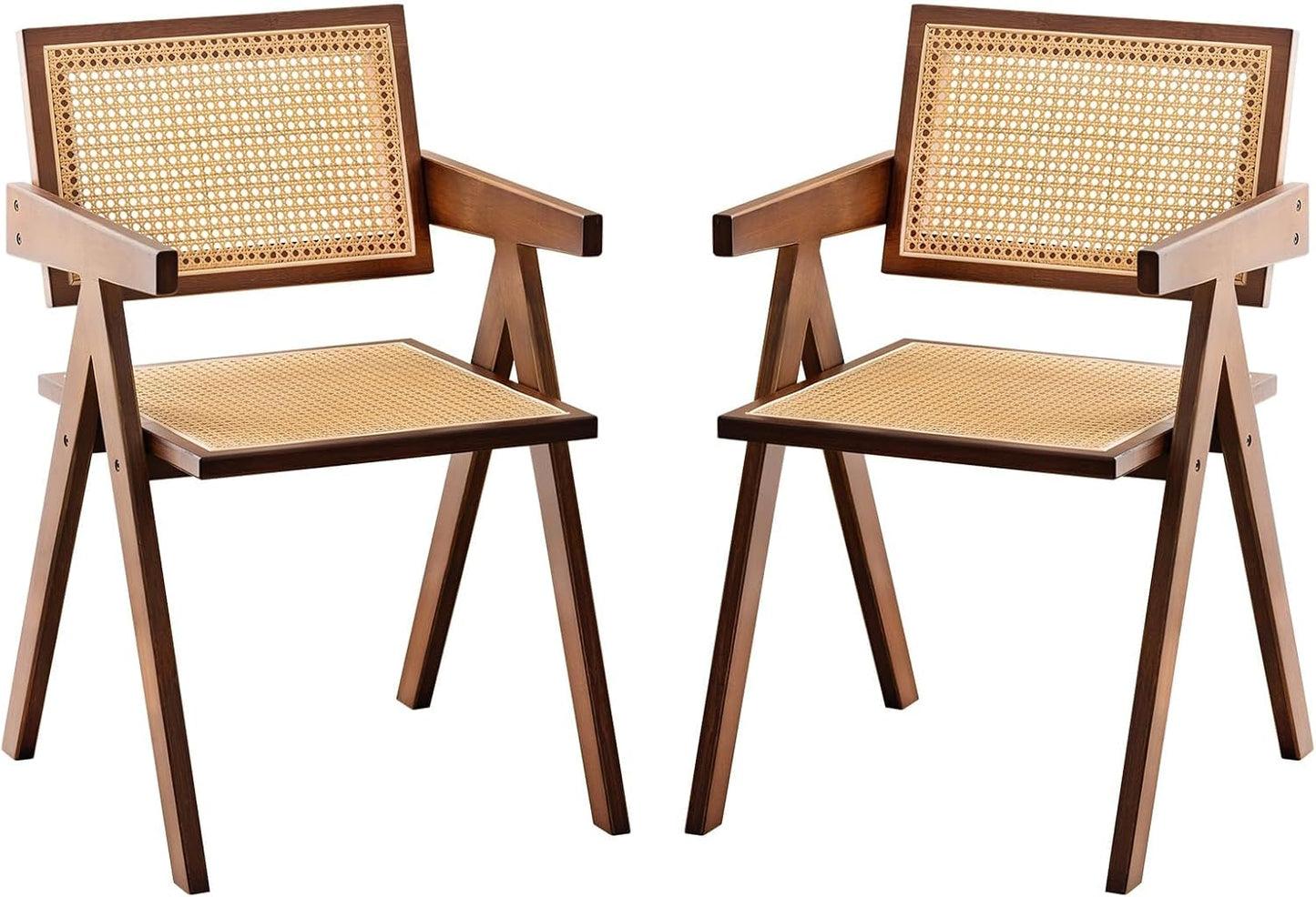 Rattan Accent Chairs, Modern Mid Century Dining Chairs Set of 2, Comfy Armchairs, Outdoor Rattan Chairs with Armrest for Bedroom Living Room Reading Room Dining Kitchen, Brown