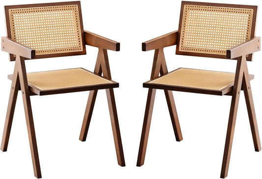 Rattan Accent Chairs, Modern Mid Century Dining Chairs Set of 2, Comfy Armchairs, Outdoor Rattan Chairs with Armrest for Bedroom Living Room Reading Room Dining Kitchen, Brown