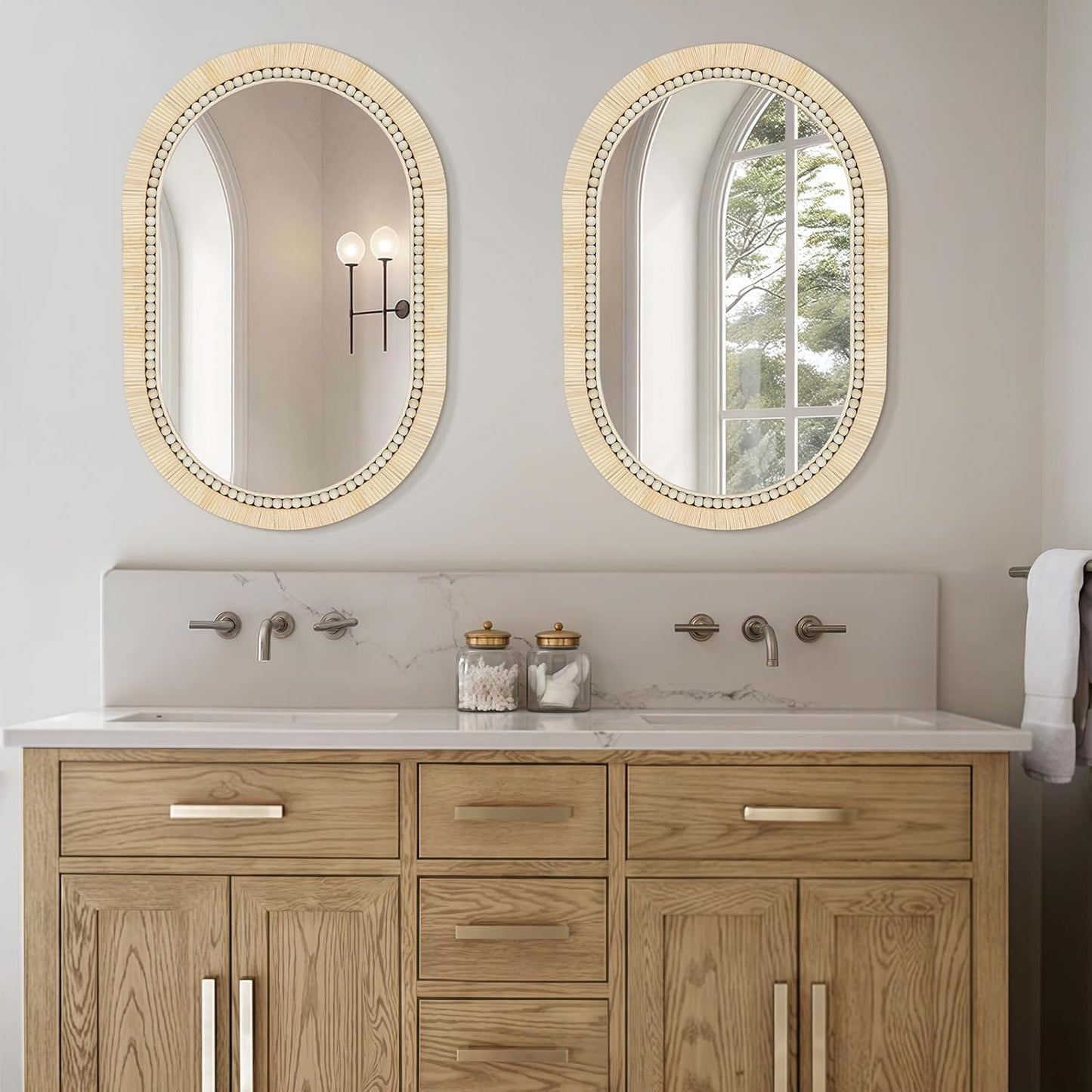 ULIKE Rattan Mirror for Bathroom, 20x30 Inch Oval Rustic Farmhouse Wall Decor with Handmade Wicker Frame, Boho Mirror for Nursery Bedroom Living Room Entryway