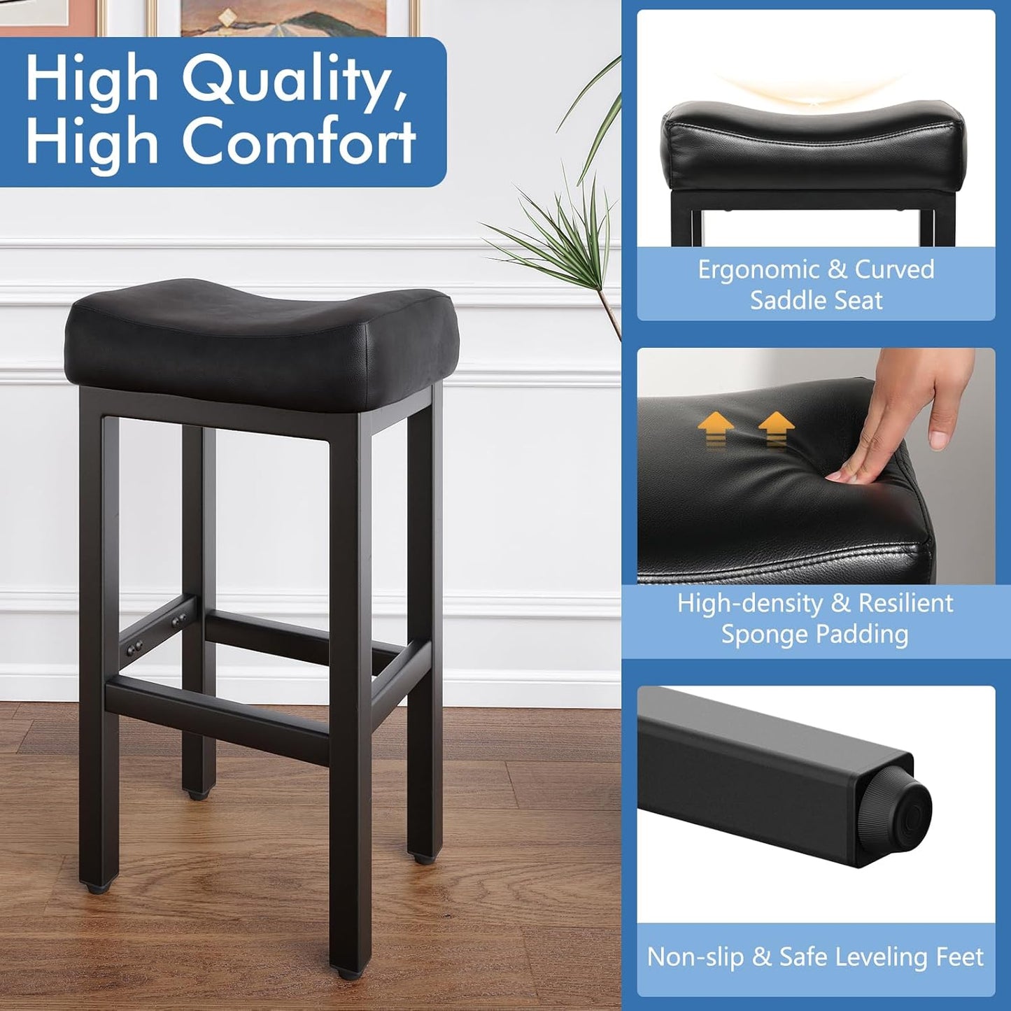 29 Inch Bar Height Bar Stools Set of 2, 29" Barstools for Kitchen Island Counter, Backless Bonded Leather Bar Height Stools with Thick Saddle Seats & Heavy Duty Metal Base, Easy Assembly, All Black