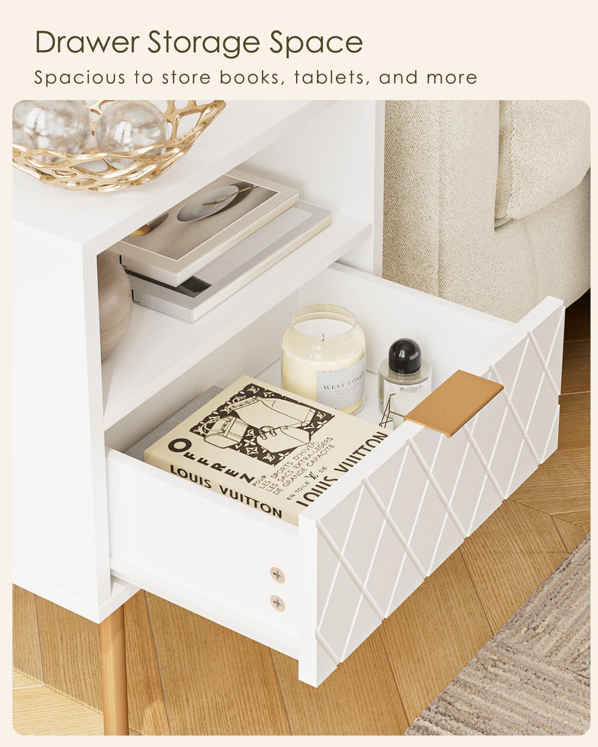 Nightstand,Morden Bedside Table with Gold Frame,Small White Night Stand,End Table,Bedside Furniture,Side Table with Drawer and Shelf for Bedroom,Living Room (1Drawer, White-Square)