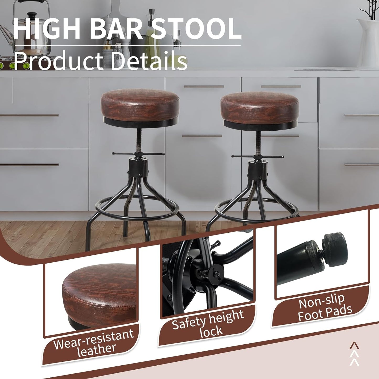 Counter Height Bar Stool Adjustable Swivel Round Barstools Modern PU Leather 28inch Backless Metal Industrial Stool Bar Chair for Kitchen Island (1, Walnut)