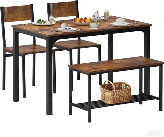 4-Piece Dining Table Set with Bench - 4 Person Kitchen Table and 2 Chairs for Small Spaces, Apartment - Metal Frame & Woodgrain Tabletop, Space-Saving Design, Durable & Easy to Clean, Rustic Brown