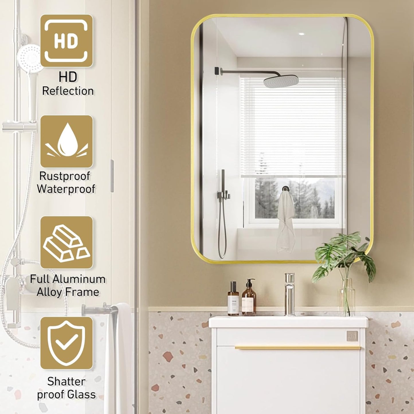 22x30 Inch Bathroom Mirror for Wall,Matte Gold Framed Rectangle Mirror with Rounded Corner,Aluminum Alloy Framed Brushed Wall Mirror for Bedroom or Living Room,Vertical or Horizontal