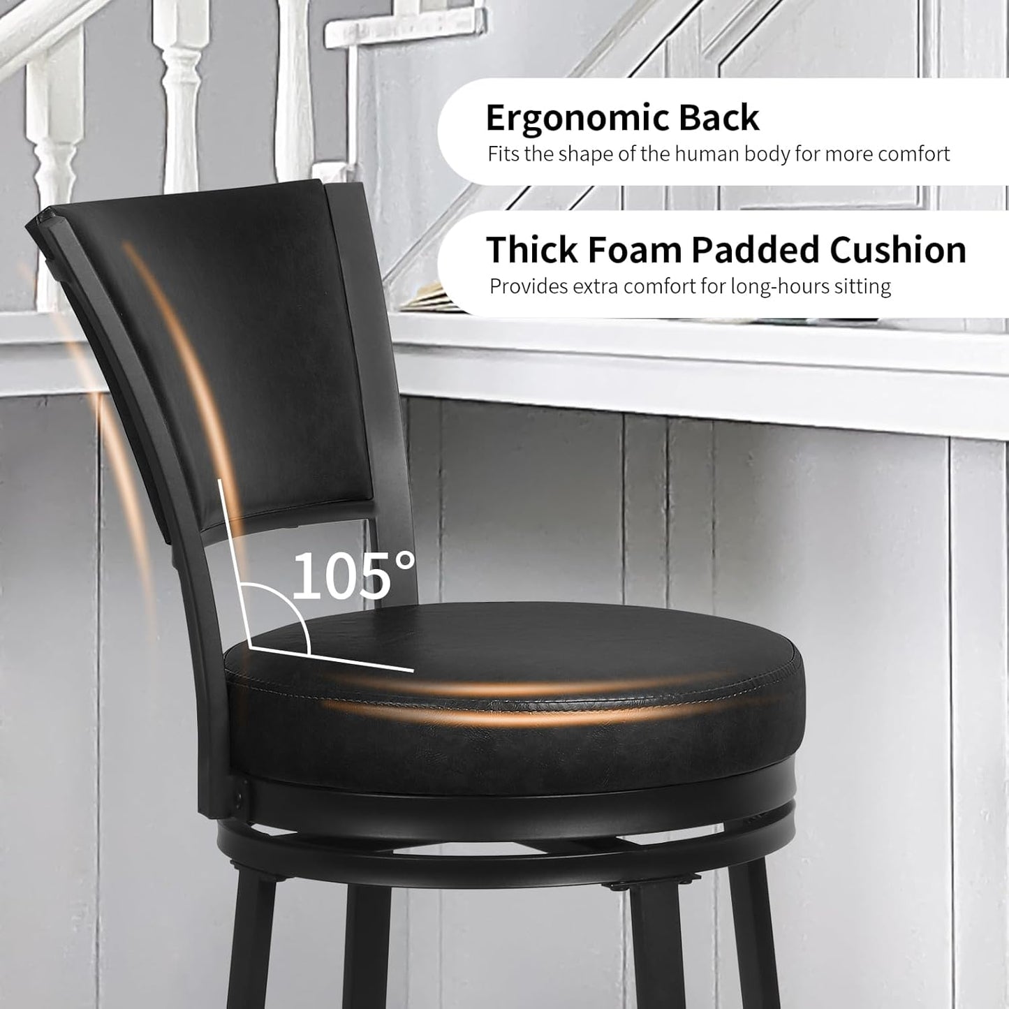 Bar Stools, 25 Inch Metal Counter Height Barstools Set of 2, Faux Leather Round 360° Swivel Bar Chairs with Backrest, Modern Swivel Bar Stool for Kitchen Island, Black