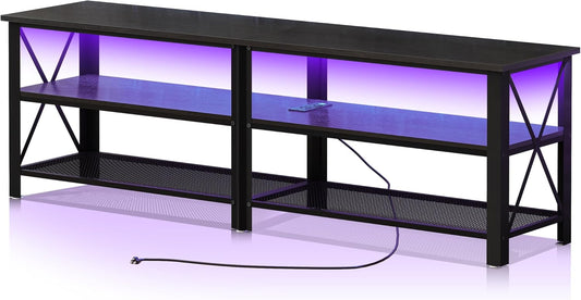 Clikuutory Modern Black 63 inch Metal TV Stand with LED Lights and Power Outlets for 40 50 55 60 65 70 Inch TVs, 3 Tier Television Stands with Entertainment Center and Storage for Living Room, Bedroom