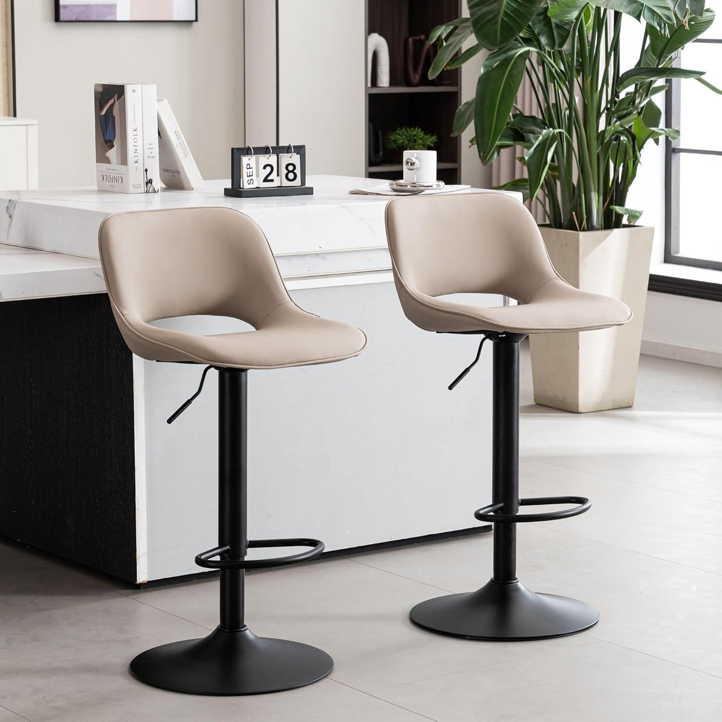 YOUNIKE Bar Stools Set of 2 Compact Modern Swivel Barstools, Adjustable Counter Height Bar Stools Faux Leather Upholstered Bar Chairs with Back for Kitchen Island, Khaki