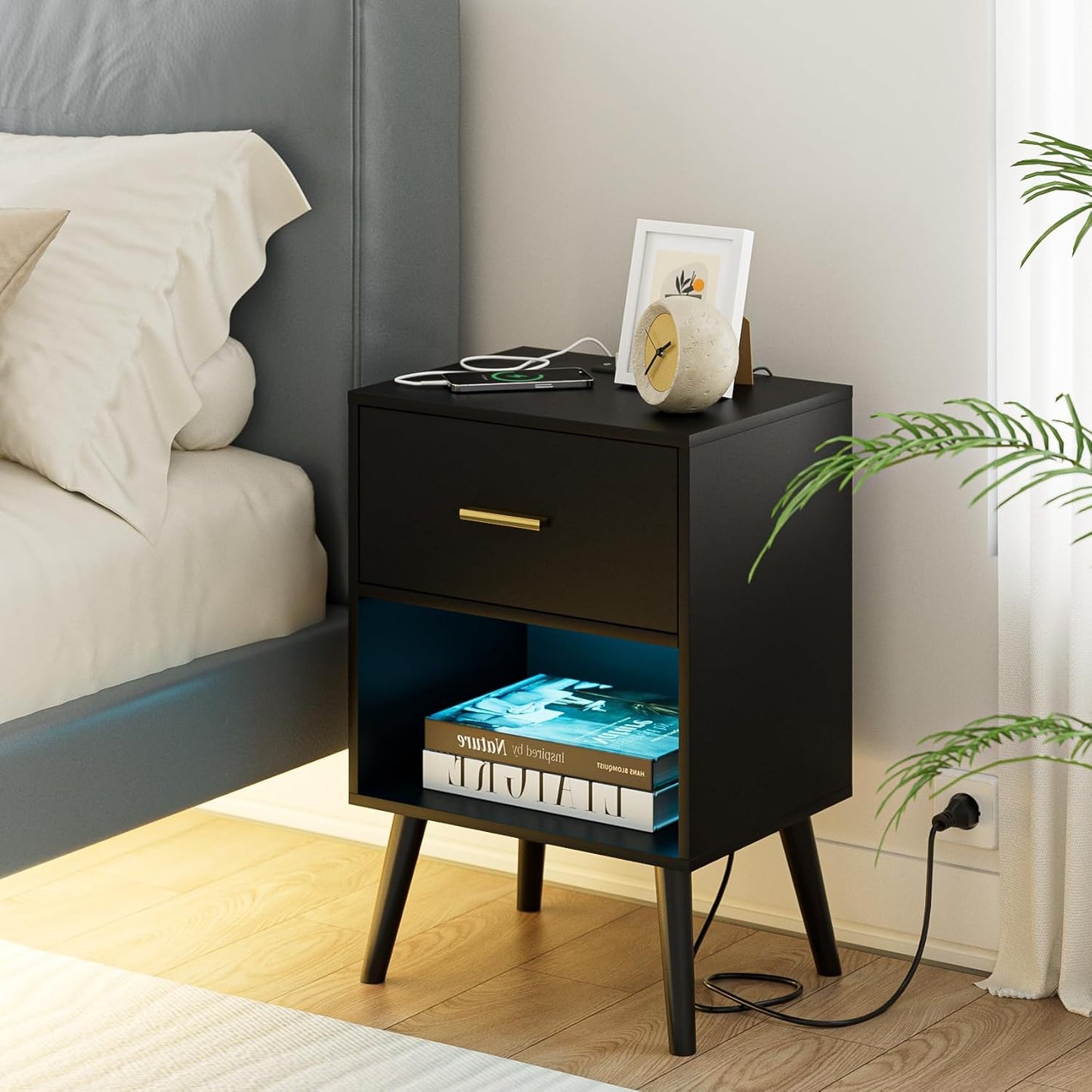 Nightstand with Charging Station and LED Lights, Small Side Table, Bedside Table with Drawer, Modern Night Stand, End Table for Bedroom, Living Room (Black)