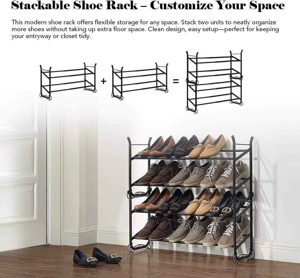 SunnyPoint Expandable & Stackable 2-Tier Shoe Rack – Adjustable Shoe Organizer for Entryway, Closet or Bedroom, Holds 4 to 8 Pairs, Space-Saving Metal Shoe Storage Shelf (17.5"–31.49" W) (BLK, 2 Tier)