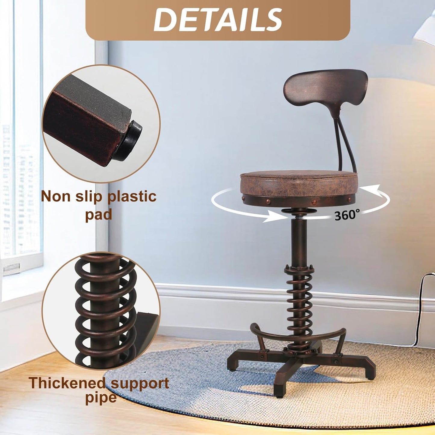 Industrial Bar Stool with Metal Backrest Rustic Coffee Stools with Swivel Leather Seat Vintage Kitchen Island Chair Farmhouse Dining Chairs 24.4-28.3inch Height Adjustable