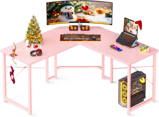 Casaottima L Shaped Gaming Desk, Corner Desk Gaming Table for Home Office, Computer Desk Sturdy Writing Workstation for Small Space, Easy to Assemble, 51 inch, Carbon Fiber Surface, Pink