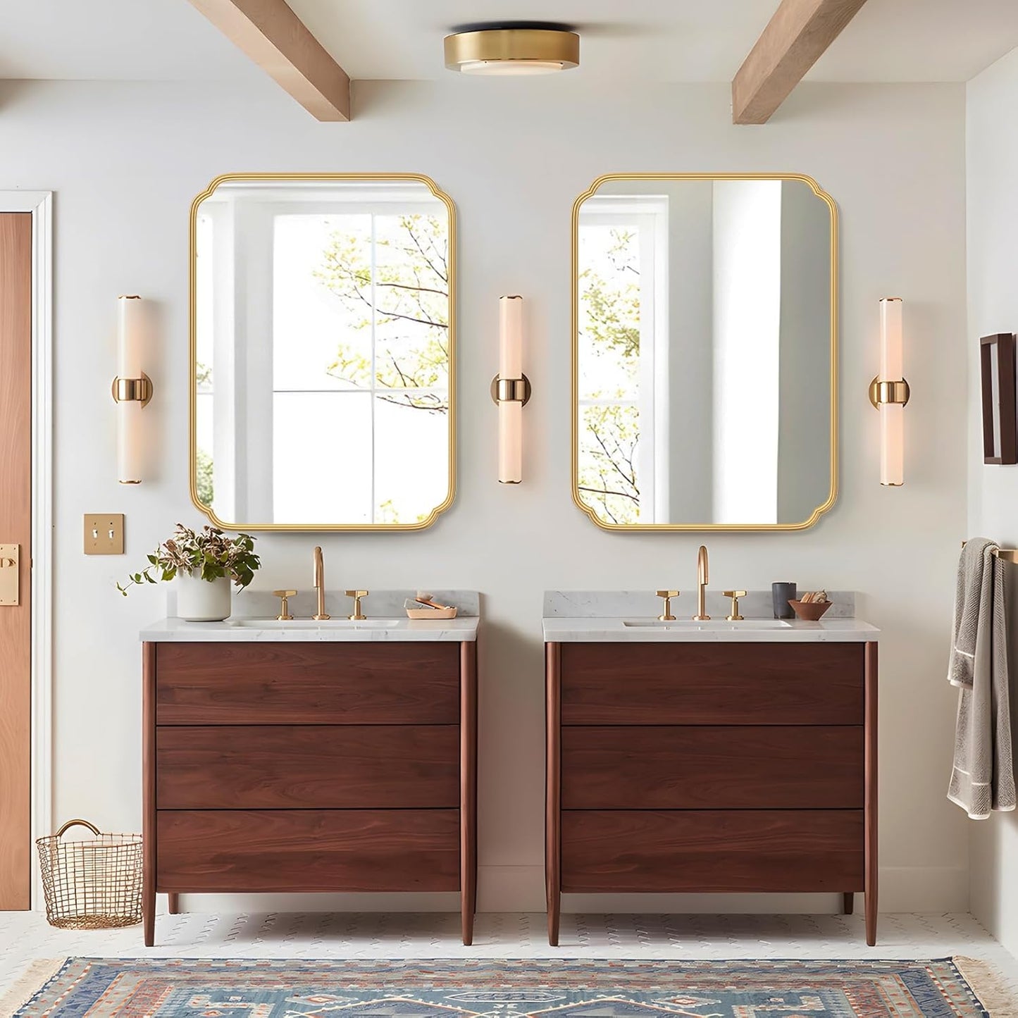 30" x 40"Gold Bathroom Mirror for Over Sink, Modern Rounded Corner Rectangle Wall Mirror for Bathroom Vanity Decorative with Non-Rusting Iron Metal Framed (Horizontal/Vertical)