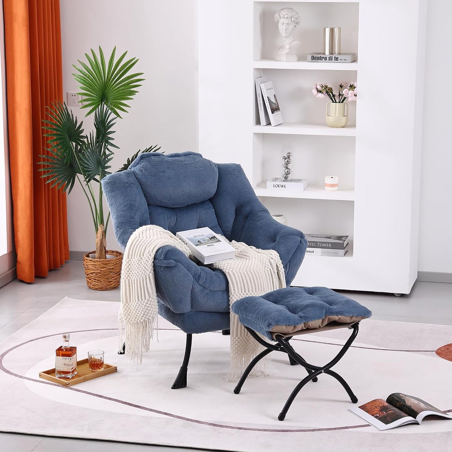 Lazy Chair with Ottoman, Modern Accent Chair Contemporary Lounge Leisure Sofa Chair with Armrests, Reading Chair and Folding Footstool Set for Living Room, Bedroom, Office