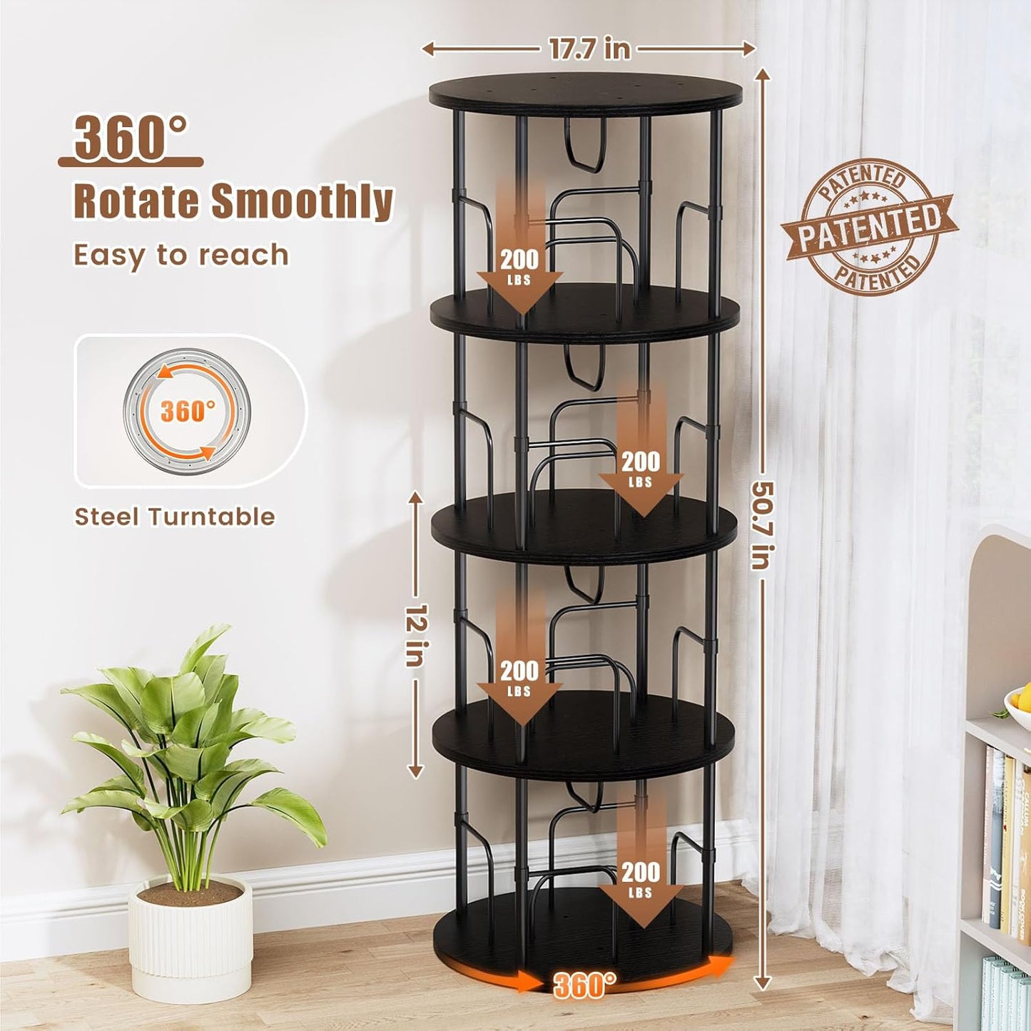 Rotating Bookshelf, 4 Tier Spinning Bookshelf Tower, 360° Display Round Bookcase, Floor Standing Corner Revolving Bookshelf Organizer Storage Rack for Small Spaces, Home Study Office, Black