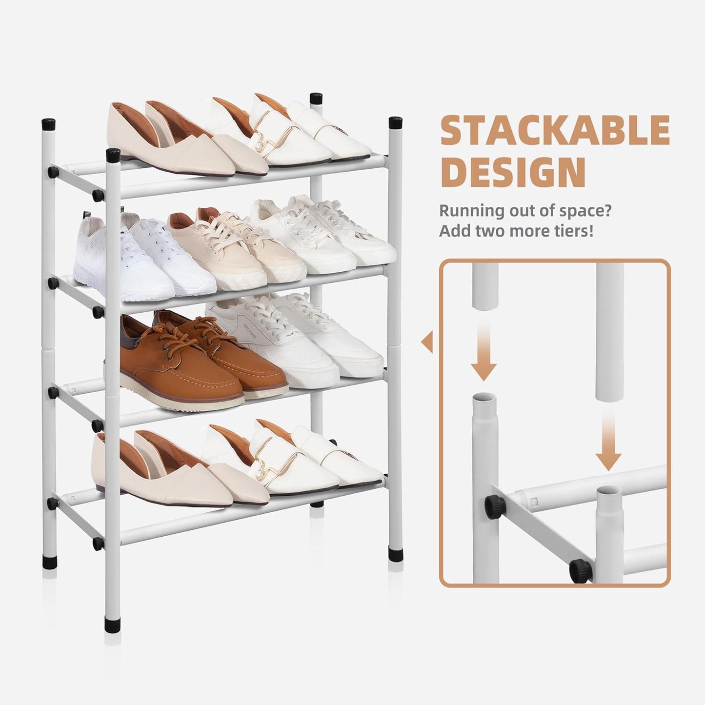 STORAGE MANIAC Expandable Shoe Rack, 8 Pairs Stackable Small Shoe Rack, Metal Adjustable Shoes Organizer for Closet, Entryway, Hallway, Garage, Front Door, Shoes Shelves, White 2 Tier