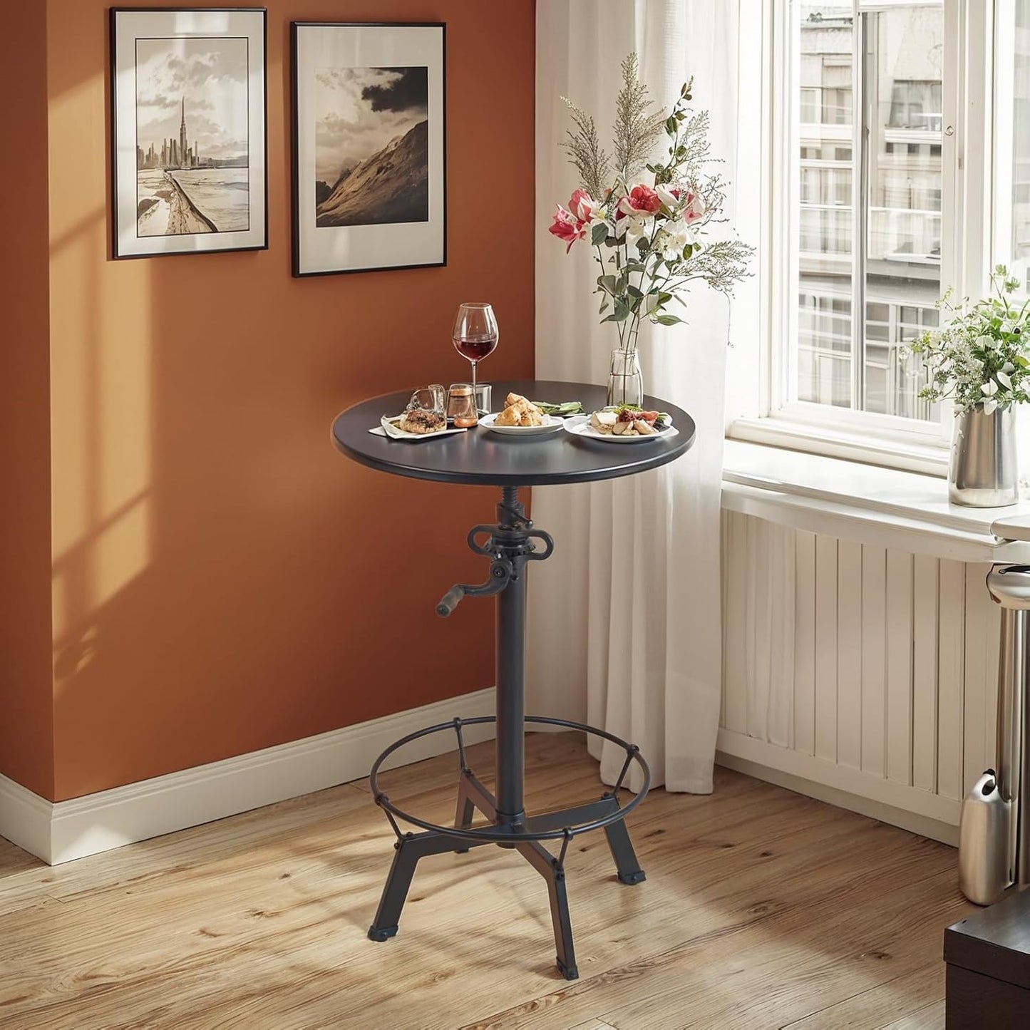 LOKKHAN Industrial Bar Table-33.5-39.4 Inch Tall-Adjustable Bar Height Pub Table-23.7 Inch Swivel Round Metal Top-Easily Adjusts by Crank Handle, Black