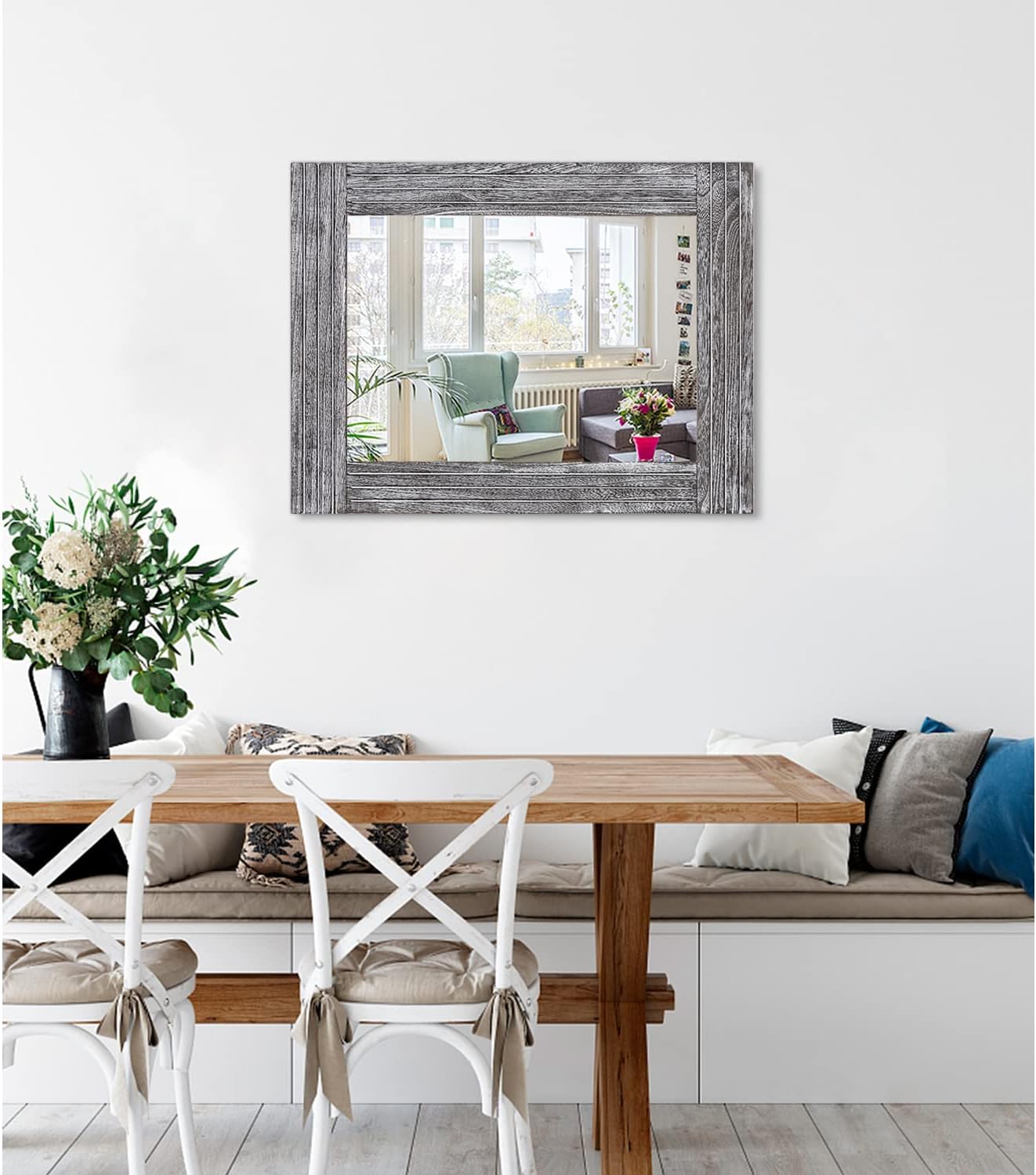 Rustic Wall Mirror Farmhouse, with Frame Wood Wall Mirror Rectangle Antique Decor Hanging Mirror for Bathroom Living Room Bedroom Entryway Large 20"x16"