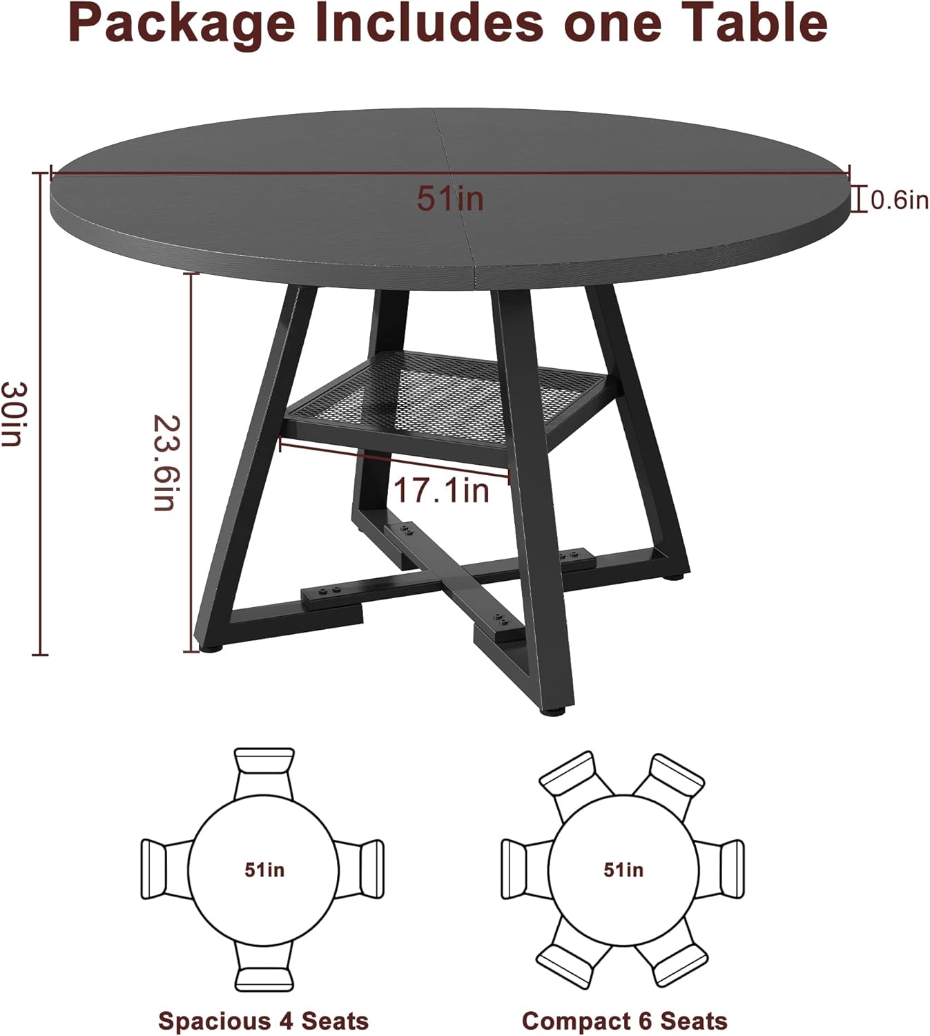 51'' Round Dining Table for 6,Kitchen Dining Room Circle Dinner Pedestal Table,Space Saving Wood Kitchen & Dining Room Furniture (Black, 51In)