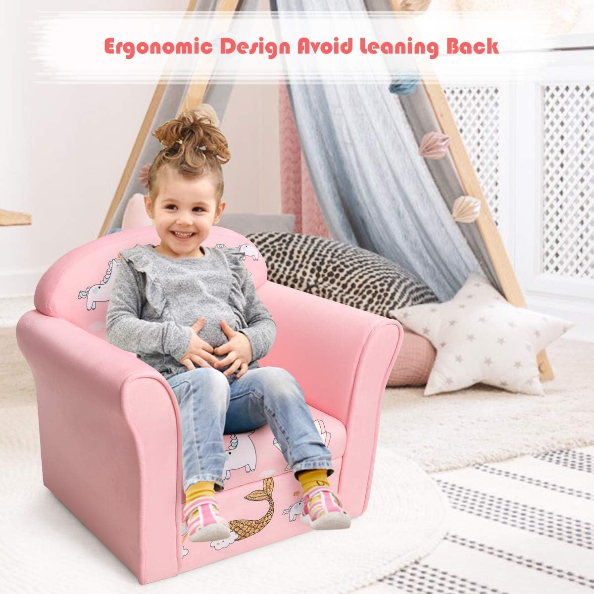 Costzon Kids Couch, Children's Sofa Armrest Chair with Pattern, Toddler Furniture w/Sturdy Wood Construction, Preschool, Lightweight Kids Couch Sofa Chair for Aged 1-5 Boys & Girls Gifts, Mermaid