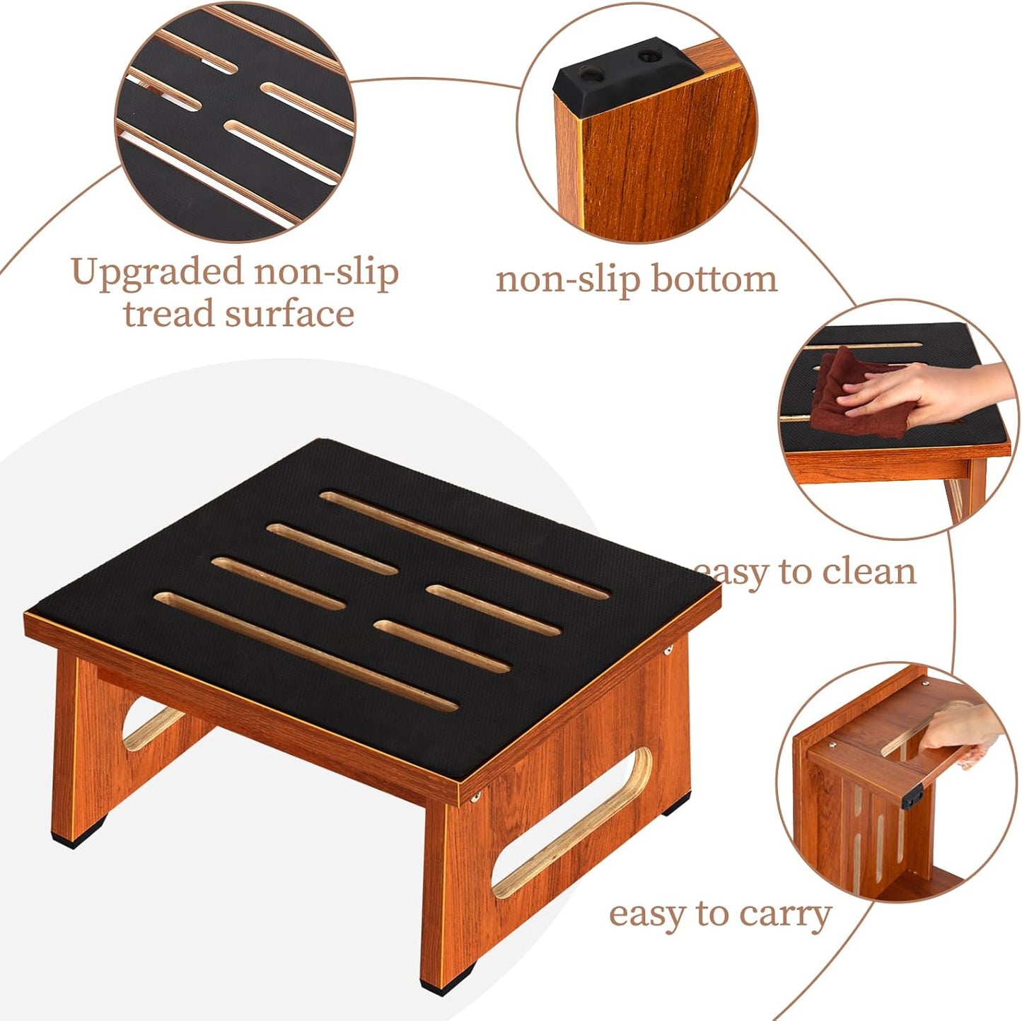 One Step Stool for Bed, Wooden Step Stool with Non-Slip Feet, 450 LBS Capacity Stepping Stool for Adults Seniors, Bedside Steps for High Beds, Bathroom Kitchen Bedroom, Easy to Assemble, Rustic Brown