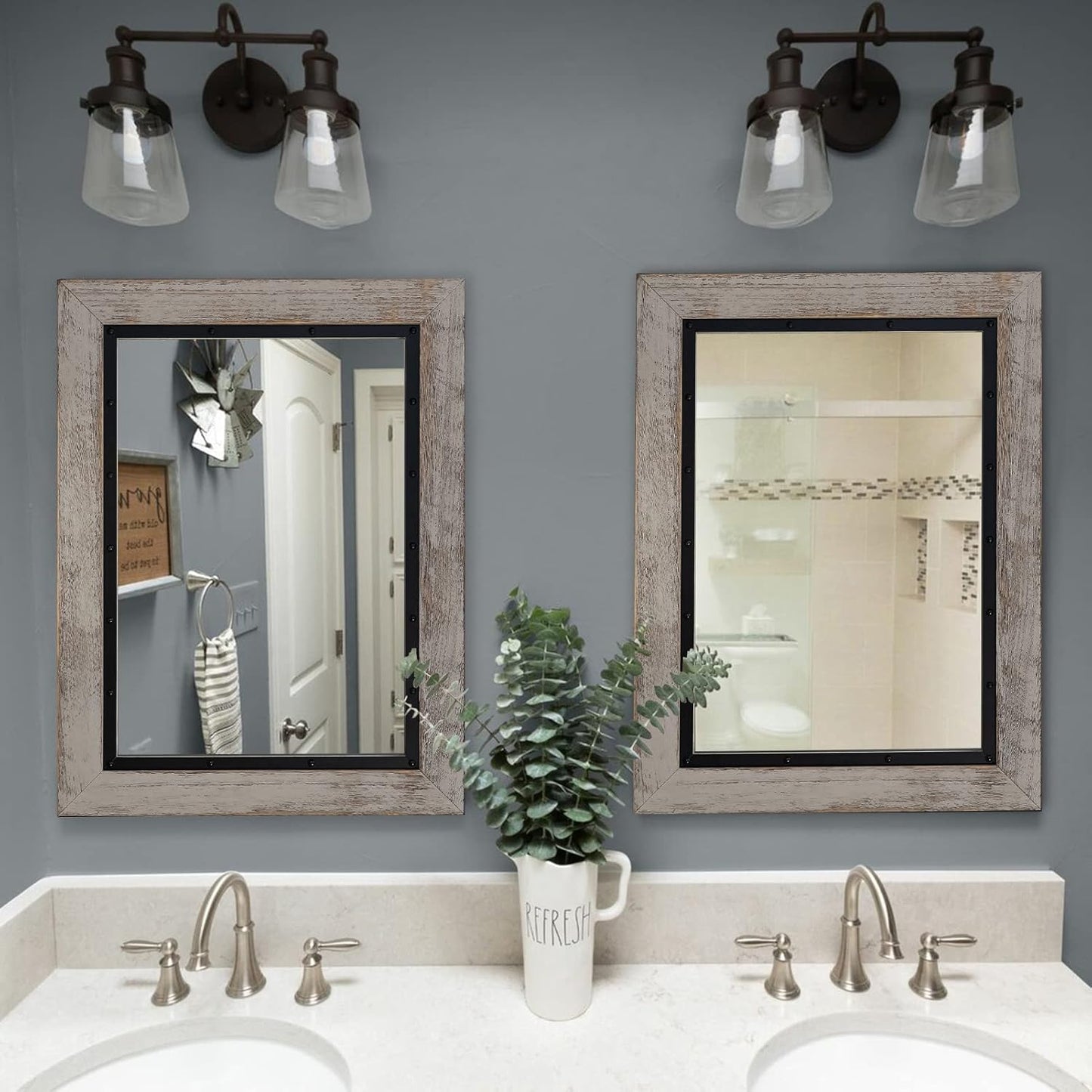 YOSHOOT Rustic Wooden Framed Wall Mirror, 40"x30", Natural Wood and Iron Bathroom Vanity Mirror for Farmhouse Decor, Vertical or Horizontal Hanging