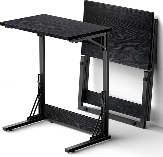 Tatub 24" Folding C Shaped End Table Set of 2, Small Sofa Side Laptop Desk, Couch TV Tray Table for Living Room, Bedroom, Black