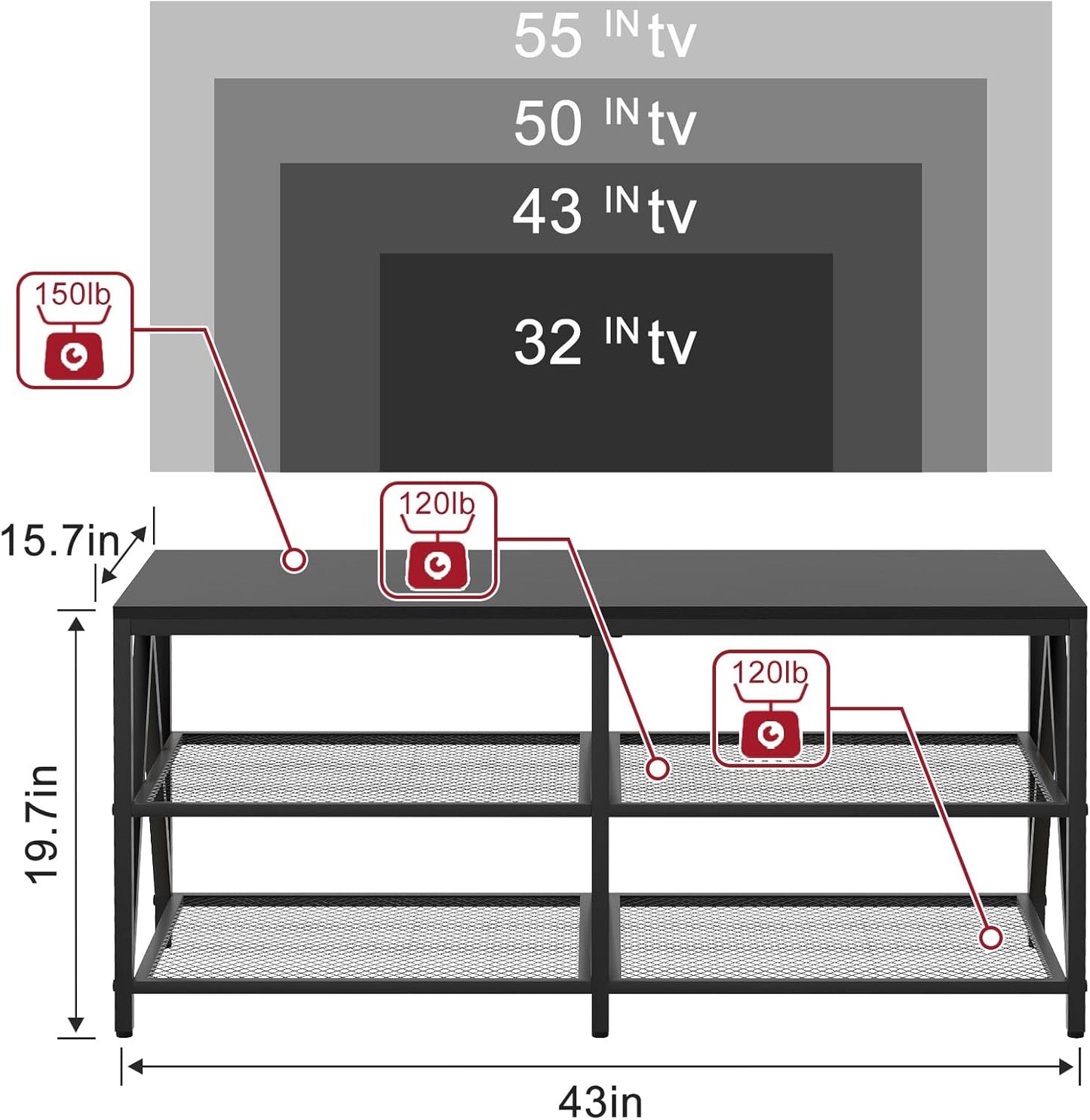 TV Stand for TVs up to 60 Inch, 43" Long Industrial TV Console Table with 3-Tier Storage Shelves, Entertainment Center for Living Room, Bedroom (Black)