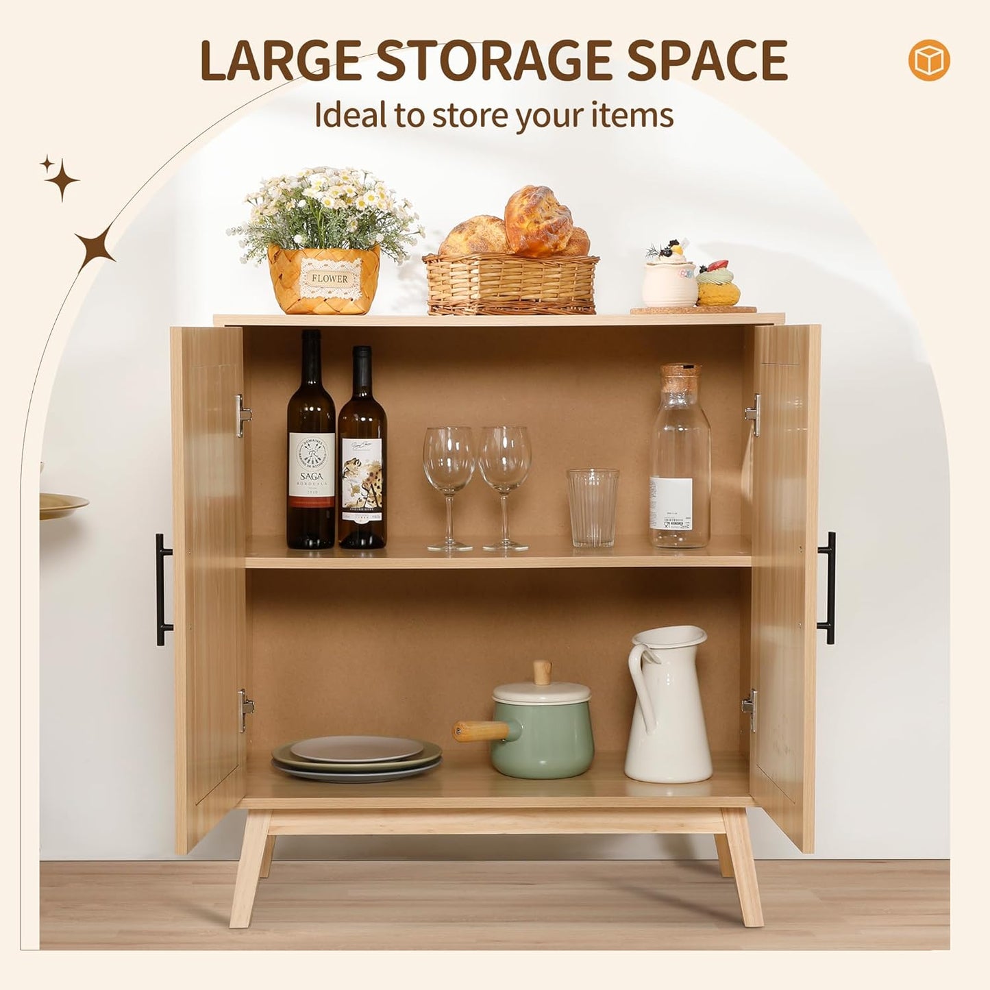 Rengue Sideboard Buffet Cabinet with Rattan Decorated Doors - Accent Cabinet Cupboard Console Table for Hallway, Entry, Living Room, Natural