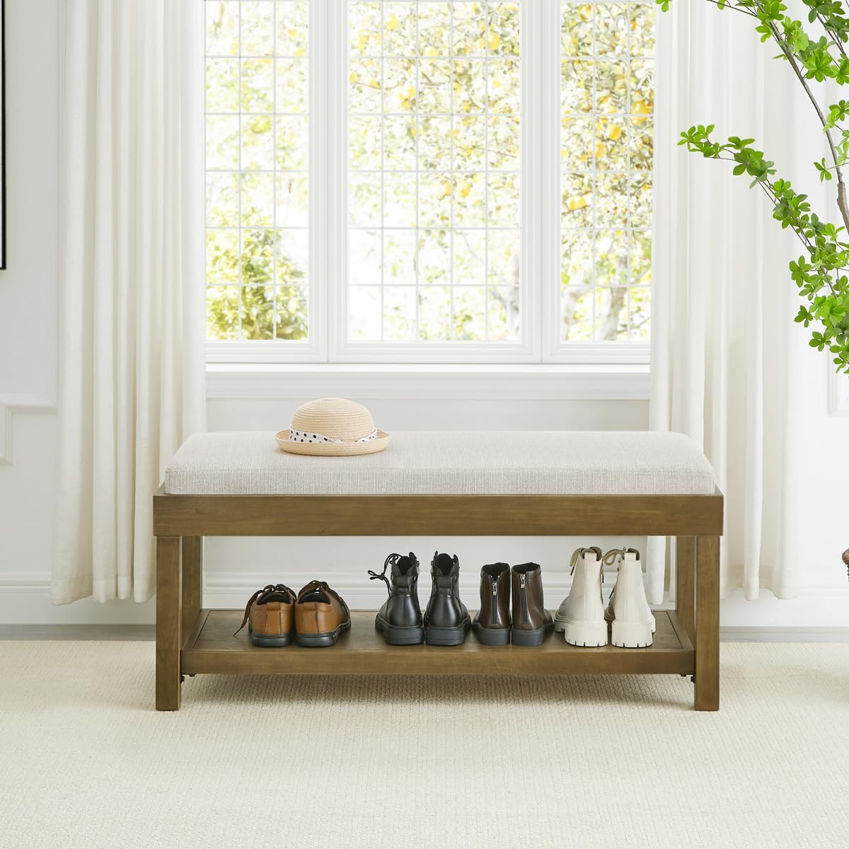 24KF Large Rectangular Storage Bench,Upholstered Seat Cushion,Ottoman Coffee Table with Beige Removable Cushion for Living Room,Entryway Bench Bed Bench with Solid Wood Shelf,5069-Beige