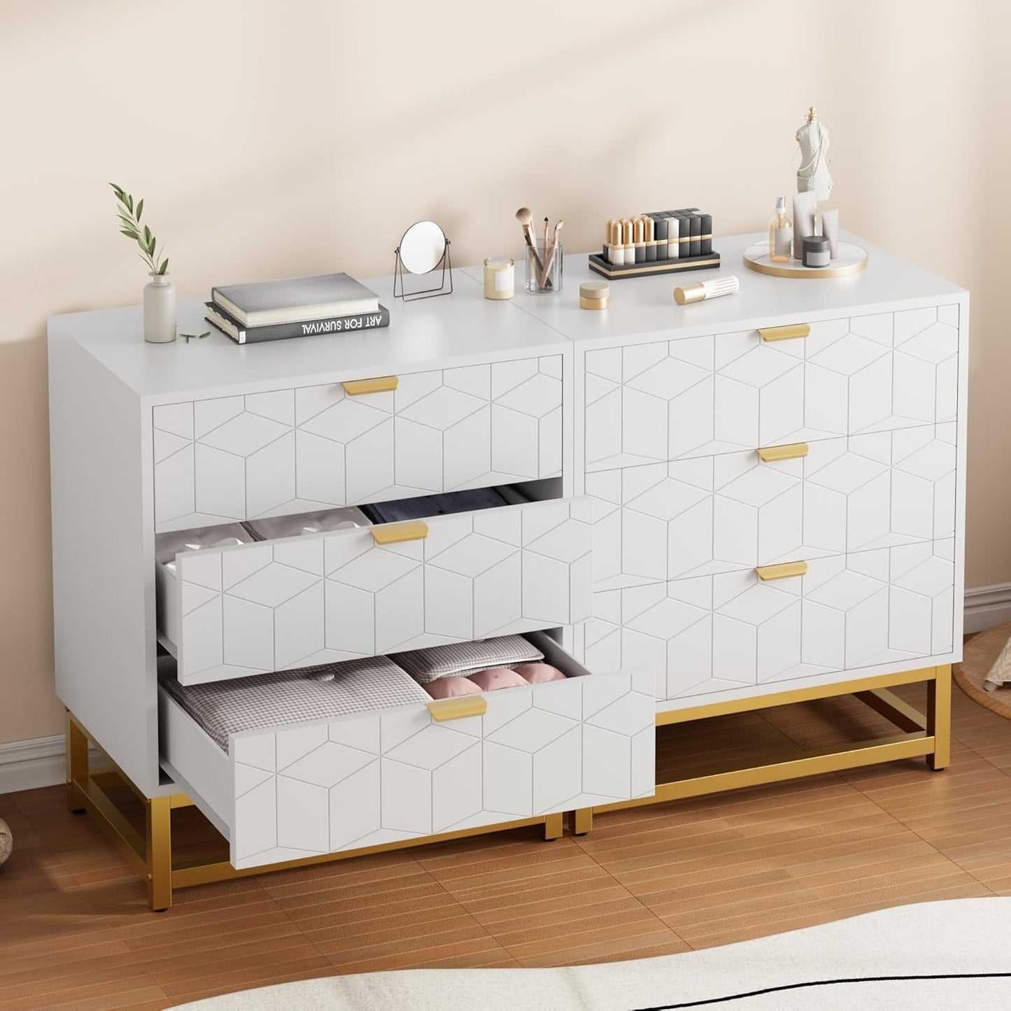 GAOMON 3 Drawer Dresser, Wood Chest Drawers with Storage for Closet, Bedroom, Drawers Dresser Modern Bedside Nightstand with Gold Handles, White