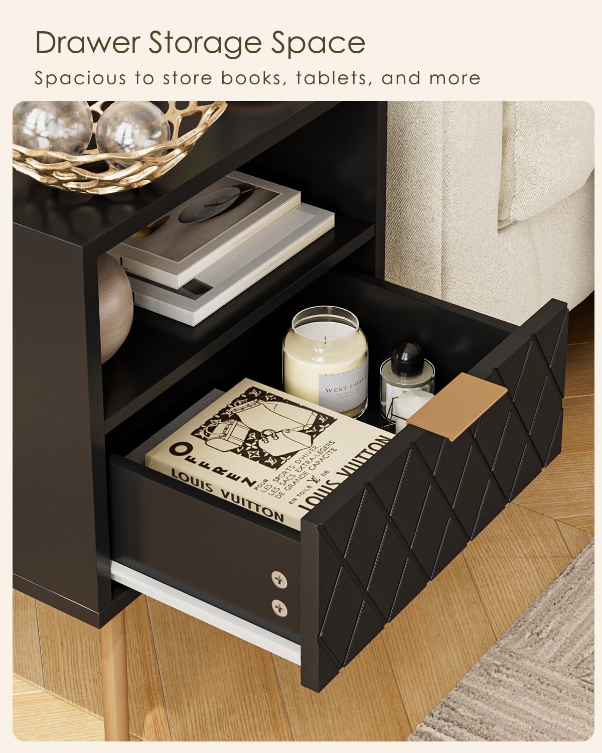 Nightstand,Morden Bedside Table with Gold Frame,Small White Night Stand,End Table,Bedside Furniture,Side Table with Drawer and Shelf for Bedroom,Living Room (1Drawer, Black-Square)