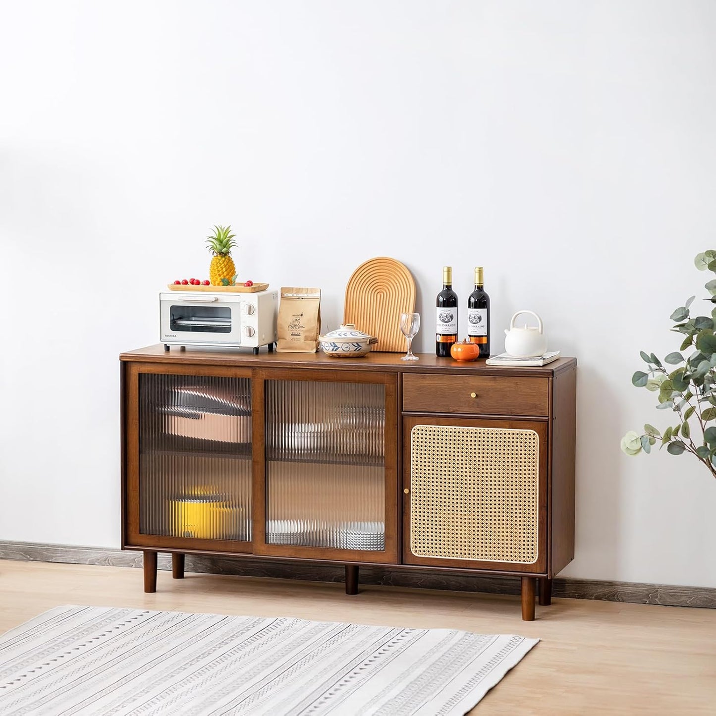 Tiita Bamboo Sideboard Buffet Cabinet, Rattan Kitchen Storage Cabinet with Drawer, Boho Coffee Bar Tables for Kitchen Hallway Office, Walnut