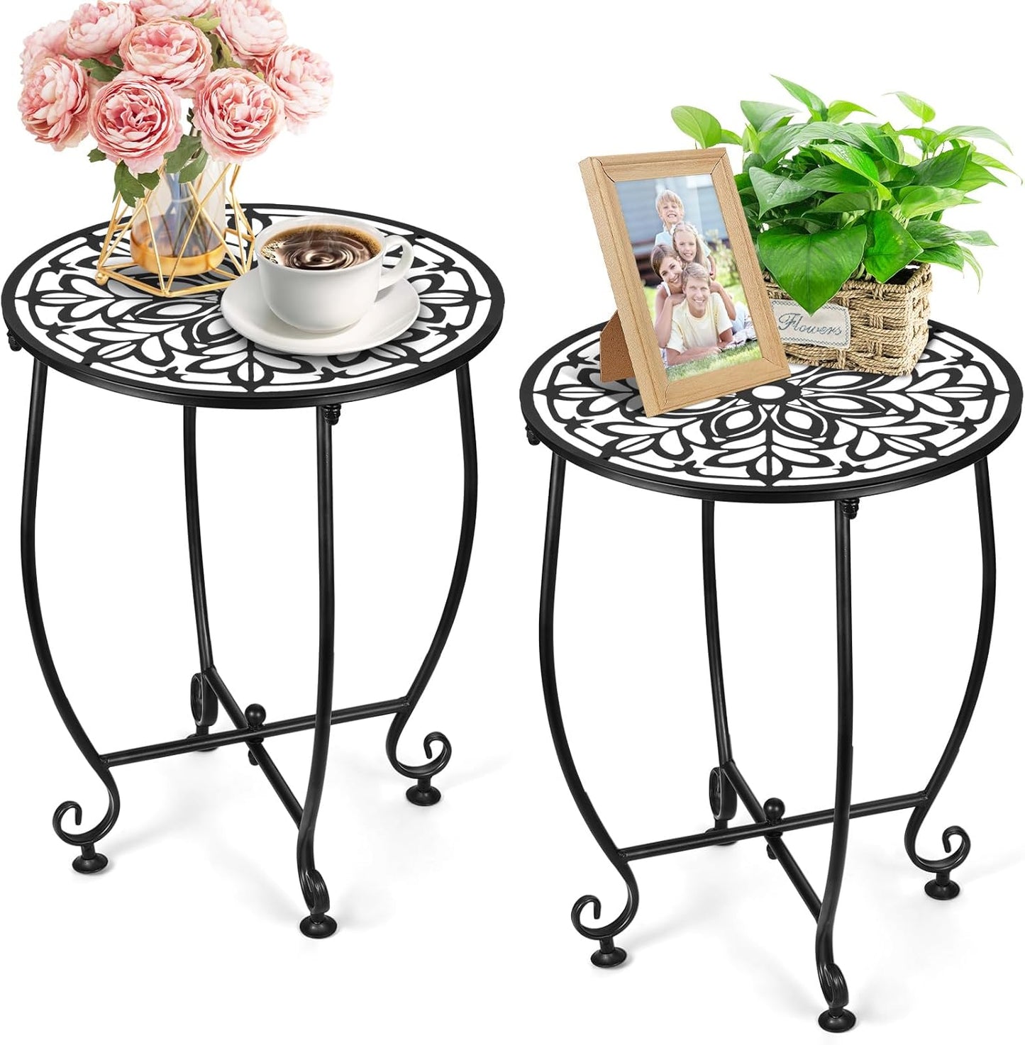 2 Pack Outdoor Side Table for Small Spaces, 14 Inch Patio Side Table,Plant Stand,Round Metal End Table Anti-Rust Waterproof Accent Table for Patio,Yard Porch Balcony Garden