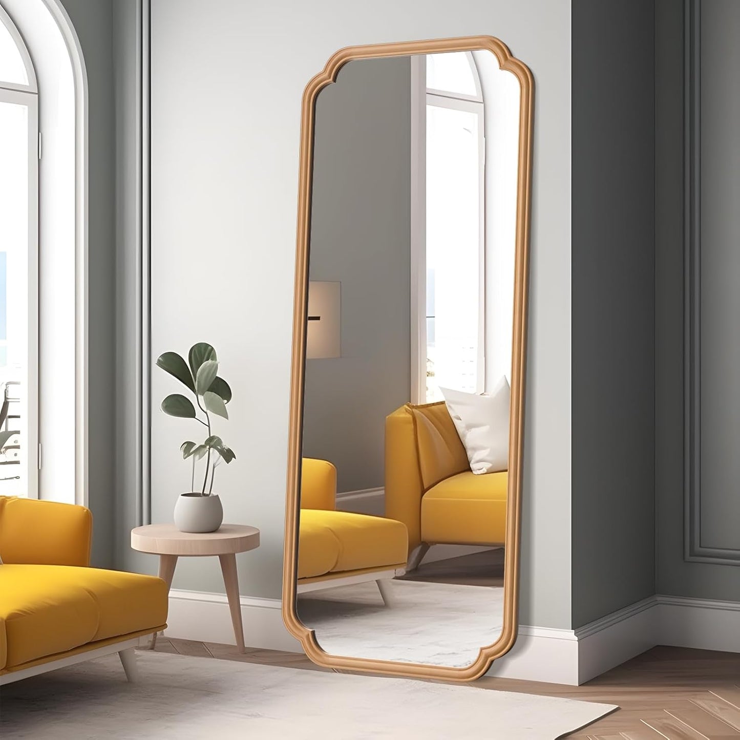 Natural Wood Framed Bathroom Mirror for Wall, 60X24 Inch Wood Bathroom Vanity Mirror Farmhouse, Large Rounded Rectangle Mirror, Tempered Glass, Hangs Horizontally or Vertically