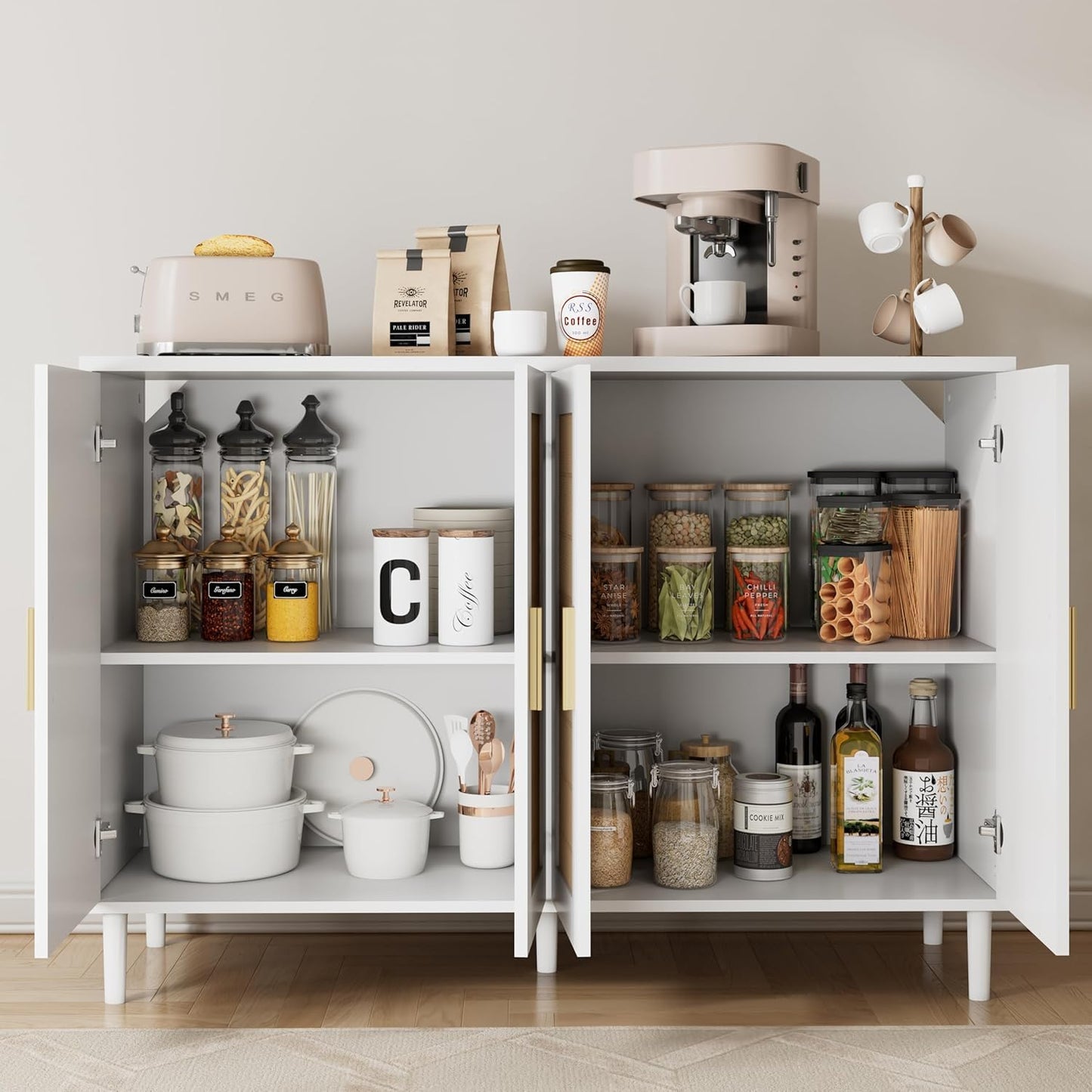 Sideboard - Buffet Cabinet with Storage, Rattan Storage Cabinet with 4 Doors and Adjustable Shelves, Accent Sideboard with Solid Wood Leg for Living Room (White)