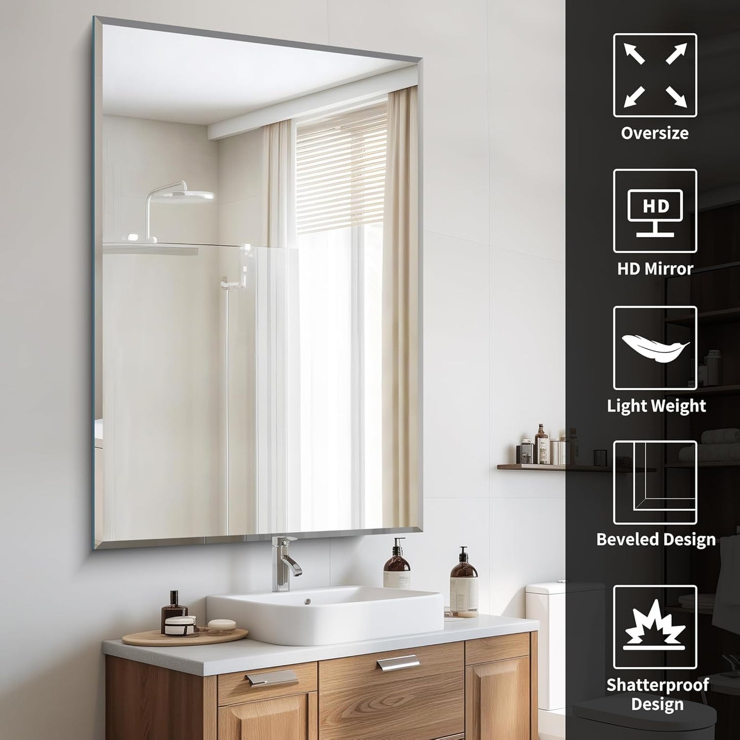 55x36 Large Beveled Mirror, Frameless Beveled Bathroom Mirrors for Over Sink, Upgraded Shatterproof Beveled Frameless Vanity Mirror for Bathroom,Bedroom,Living Room and Entryway