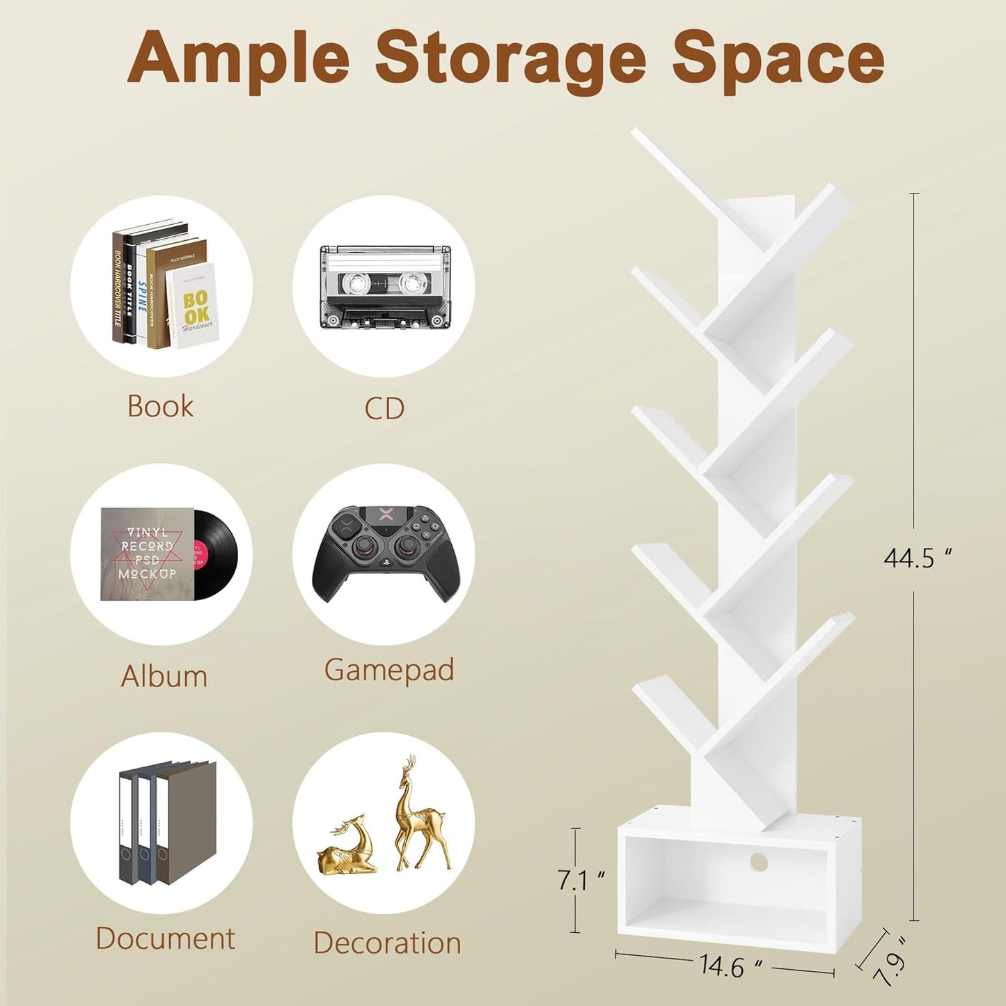 Hoctieon 9 Tier Tree Bookshelf, Tall Bookcase with Drawer, Wood Book Shelf, Modern Floor Standing Bookshelves, Book Organizer Shelves for Bedroom, Living Room, Home Office, White