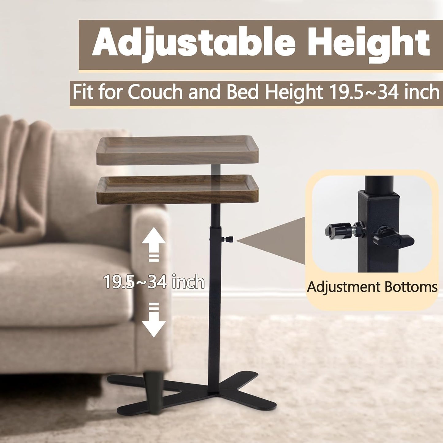 Aoligrace Walnut Side Table Adjustable Height, 360° Swivel C Shaped End Table with Metal Base, Small TV Tray for Living Room Bedroom Small Spaces, Sofa Couch Tables That Slide Under