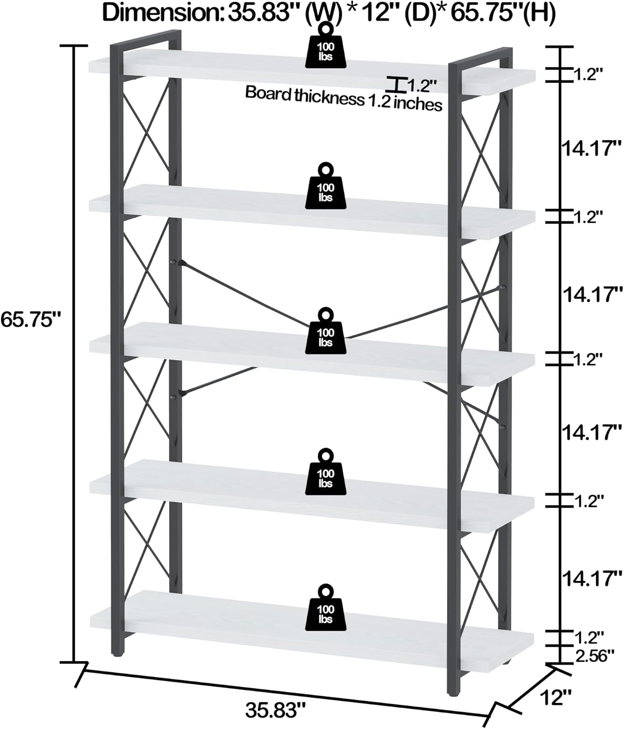 HCHQHS Bookshelf, 5-Tier Industrial Bookcase, Open Book Shelf, Freestanding Tall Bookshelves with Metal Frame
