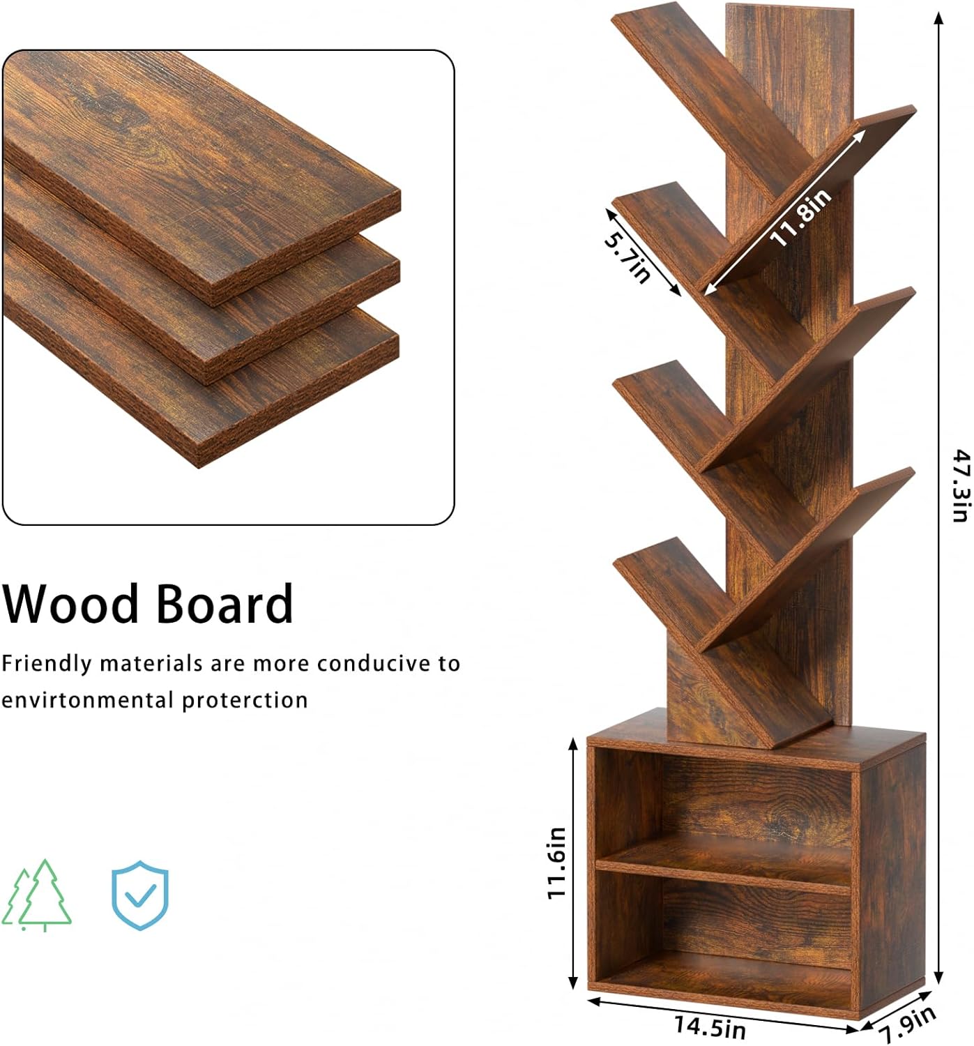 10 Tier Tree Bookshelf,Floor Standing Wood Tall Bookcase for Narrow Space, Storage Organizer Bookshelves for Books, Book Case for CDs/Movies/Books,Home Office,Living Room, Bedroom