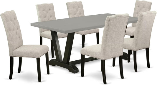 East West Furniture V697EL635-7 7 Piece Kitchen Table & Chairs Set Consist of a Rectangle Dining Room Table with V-Legs and 6 Doeskin Linen Fabric Parson Chairs, 40x72 Inch, Multi-Color