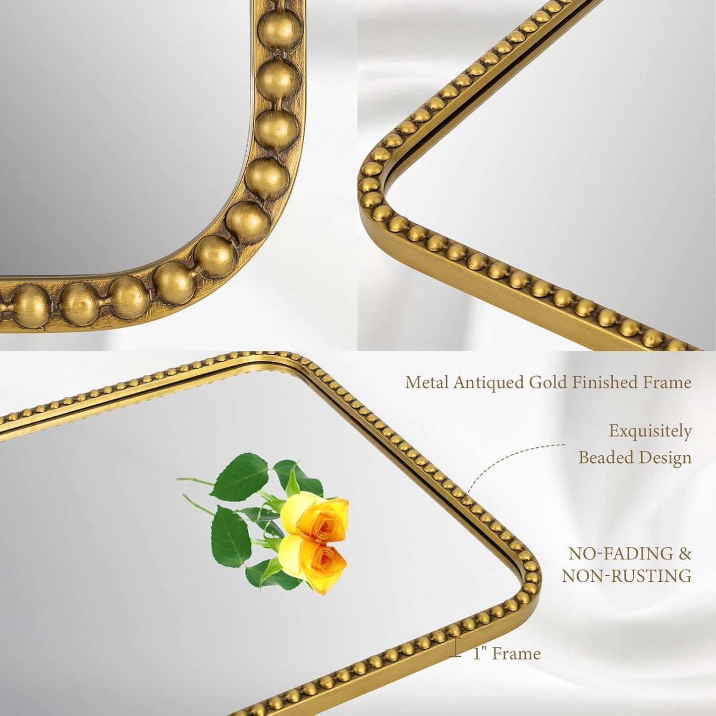 Wall Mirror for Bathroom - 30"x40" Rectangle Rounded Corner Beaded Frame Mirror, Large Vanity Mirror Hangs Horizontal or Vertical, Antique Gold