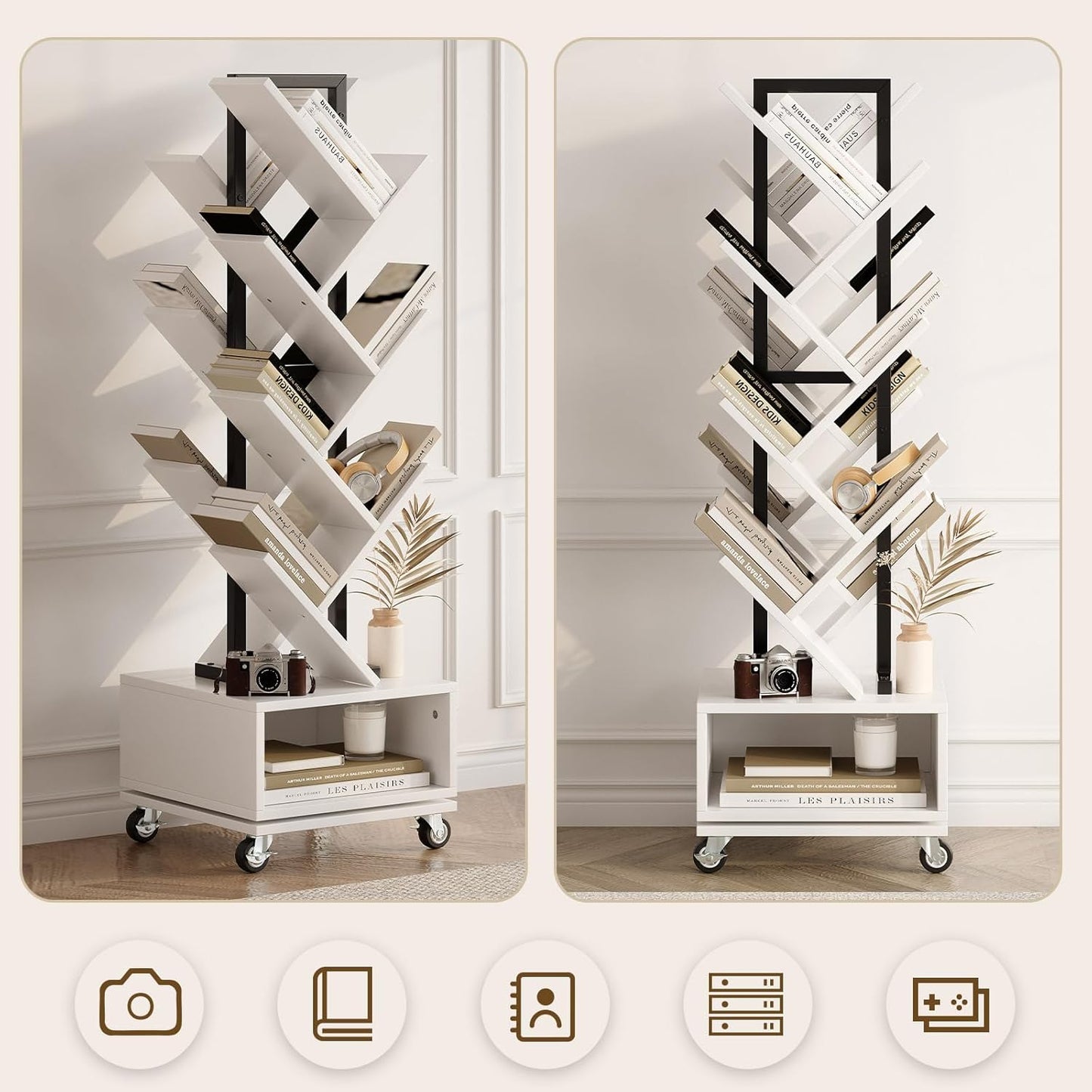 7 Tier Tree-Shaped Rotating Bookshelf, Double Sided, Small Bookcase with Storage Cabinet, Modern Tall Narrow Bookshelves Organizer, Floor Standing Book Shelf for Bedroom/Living Room, White