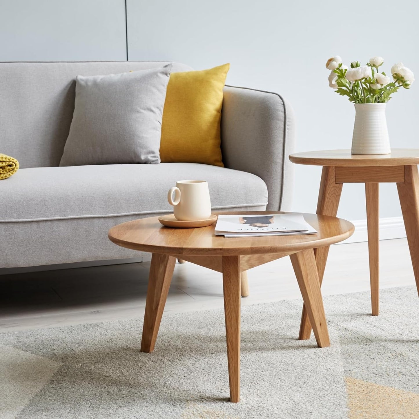 100% Solid Oak Wood Coffee Table Set, Round Coffee Table Combo Side Table w/Solid Wood Legs, Mid Century Table Sturdy Tables for Bedroom Balcony Living Room (Natural, Small-Medium Combo)